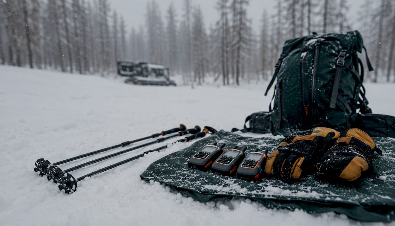 Ski guide equipment arranged on snow