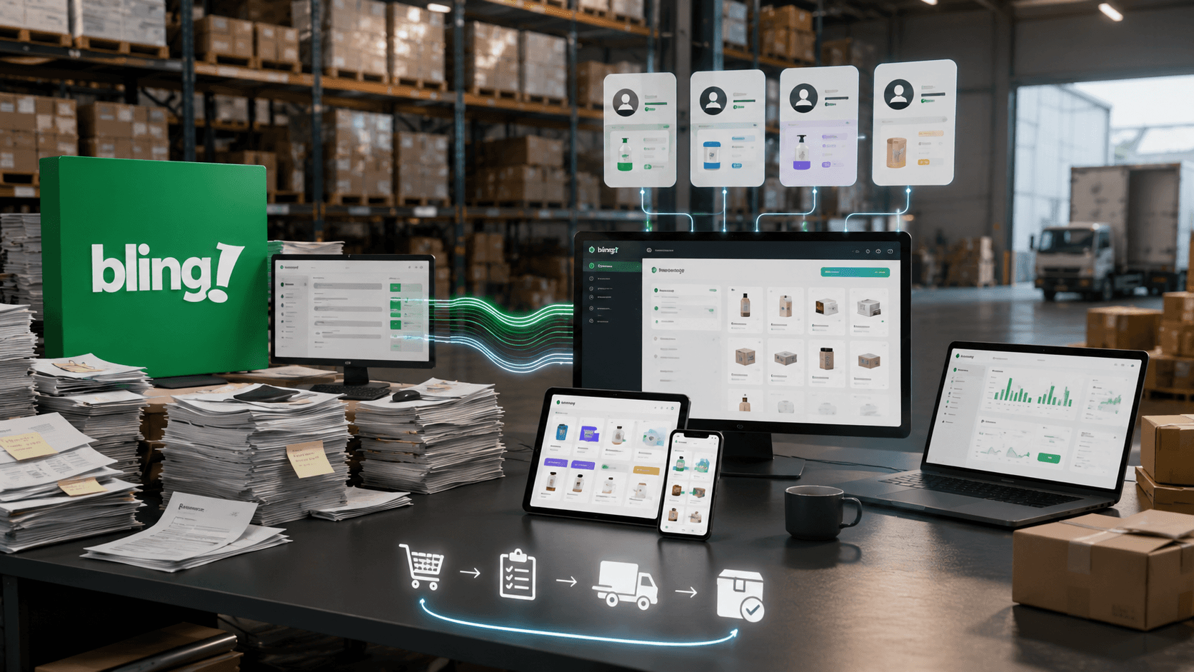 Ambiente de logística atacadista com a logomarca Bling em destaque, pilhas de documentos ao lado e uma plataforma B2B integrada exibida em telas conectadas, representando tabelas por cliente, pedidos digitais e gestão de canais em uma operação mais estruturada.