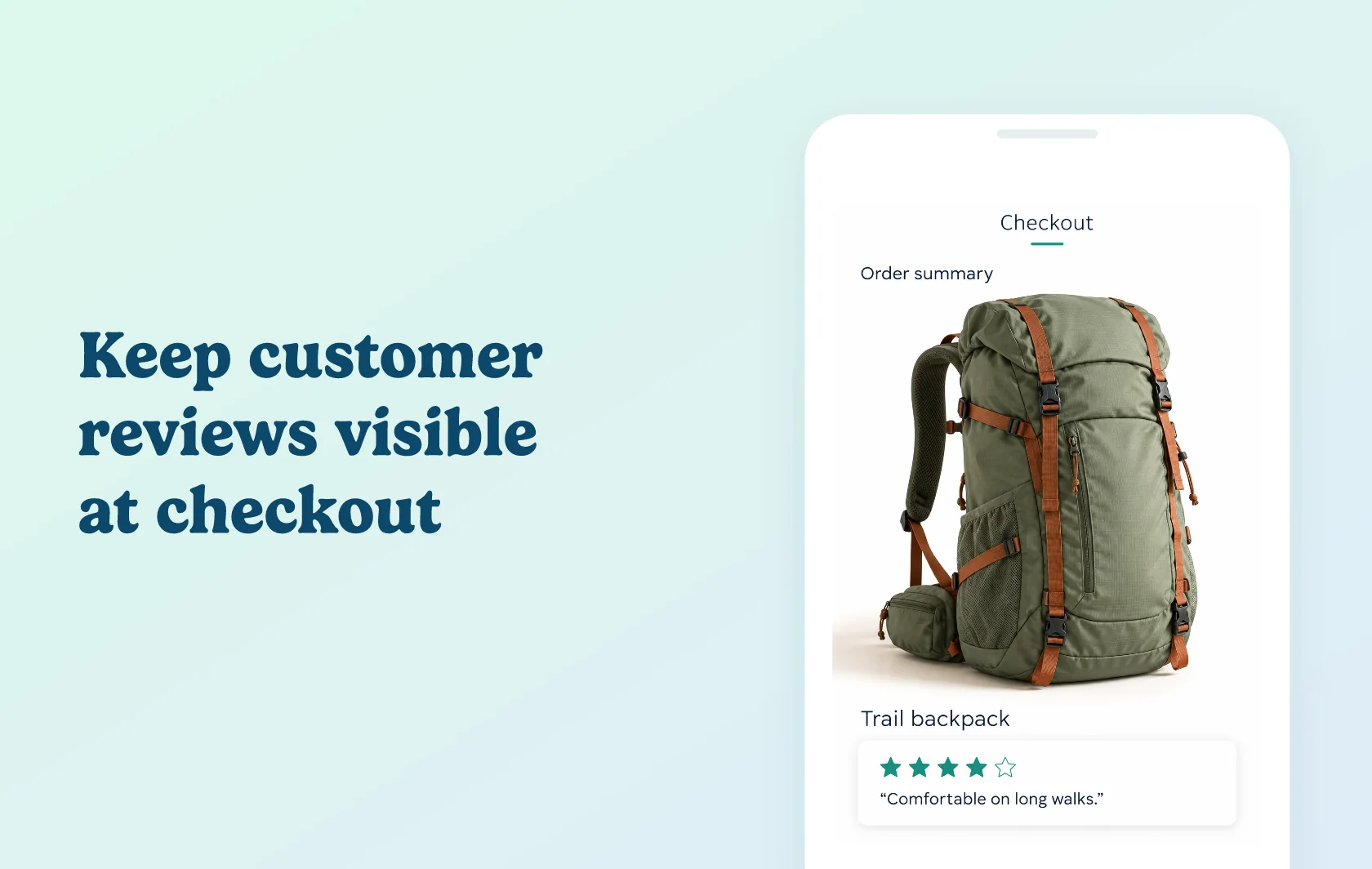 Judge.me and Checkout Review integration: illustration of a checkout with a sage backpack and a customer review card below the order summary inside a phone.