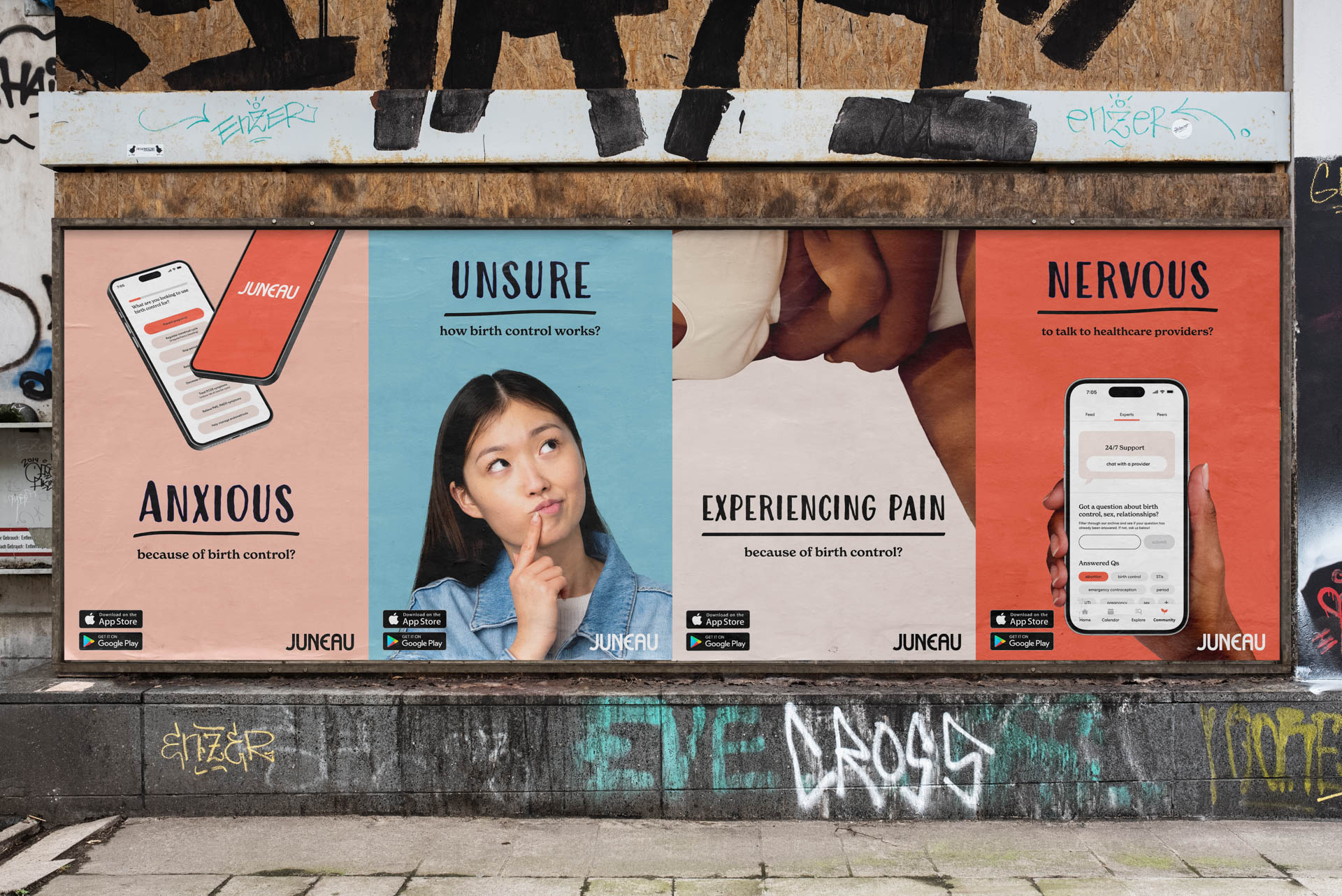 A mural on a wall depicts four panels, each showing a smartphone displaying different health-related apps or services. The left panel shows “JUNEAU” and “ANXIOUS” apps. The middle panel shows “UNSURE” and “EXPERIENCING PAIN” apps. The right panel shows “NERVOUS” and “TO healthcare providers”. The bottom of each panel displays “app.store” logos. The wall is covered in graffiti.