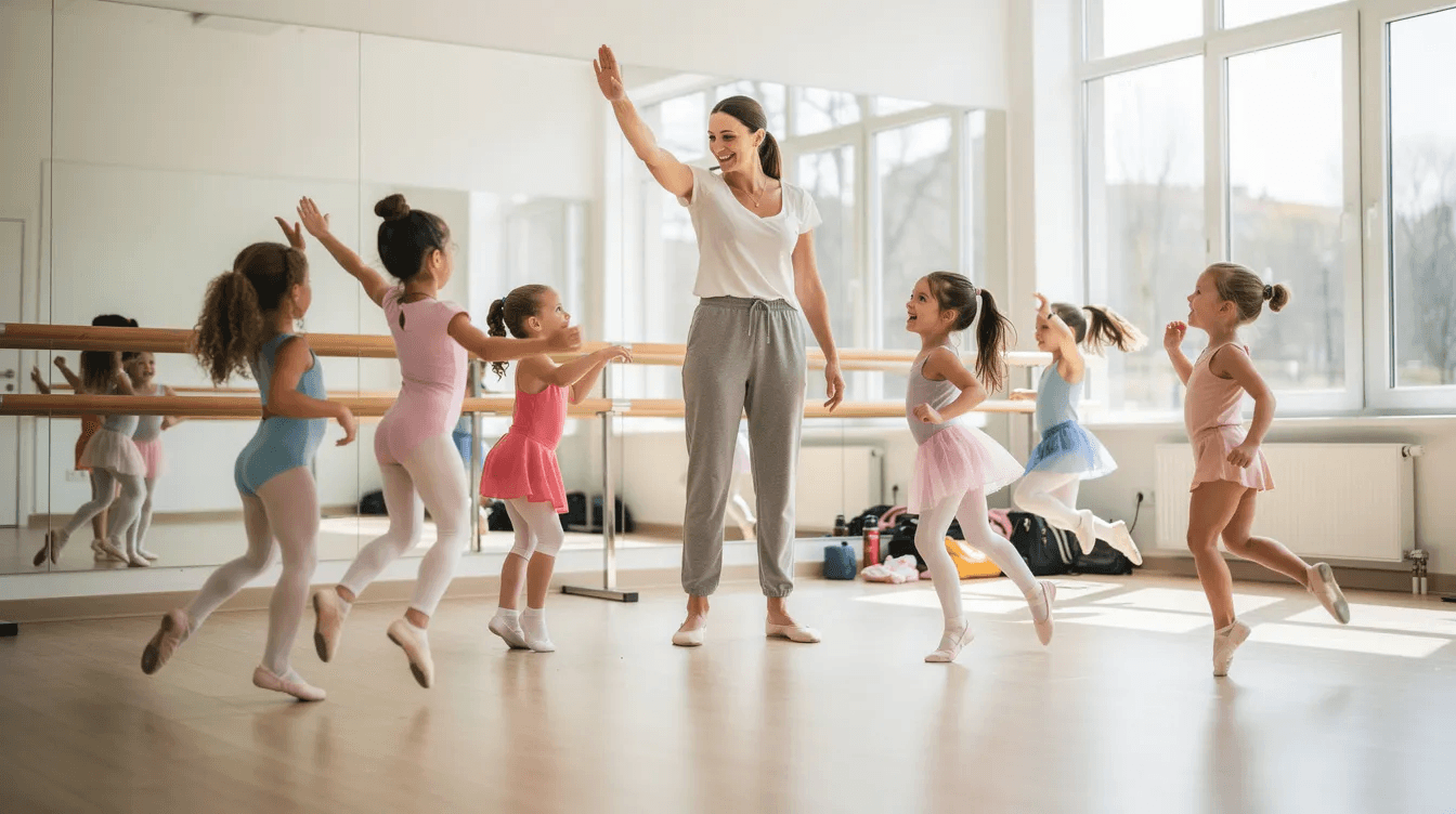 A cheerful dance teacher is high-fiving young students in a bright studio filled with mirrors and ballet barres, creating a joyful atmosphere for their dance class. This scene reflects the supportive environment often fostered in sports clubs, where effective club management and engagement with new members are key features of a successful program.