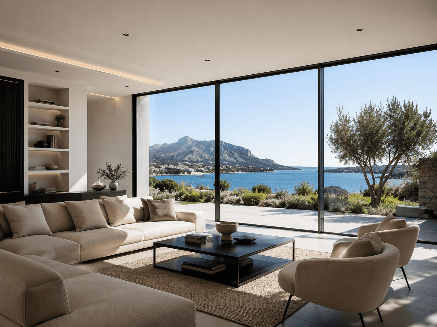 Infissi minimali in alluminio con profili ultrasottili in una casa moderna.