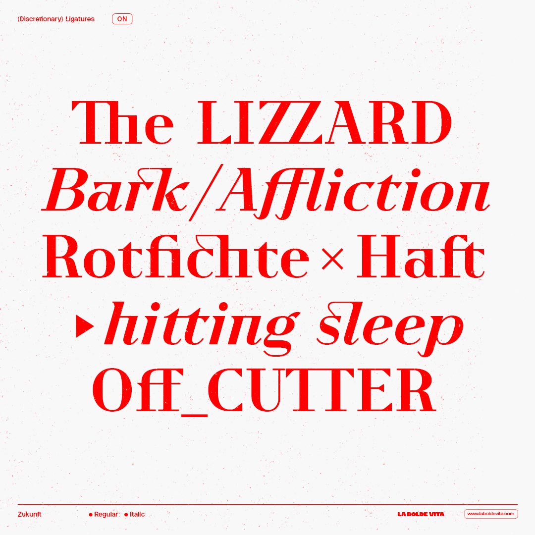 sample words showing discretionary ligatures of Zukunft in red on white textured paper