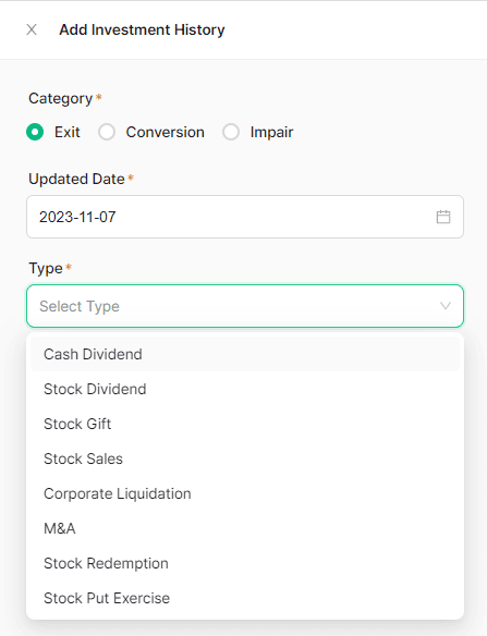 type of investment exit selected