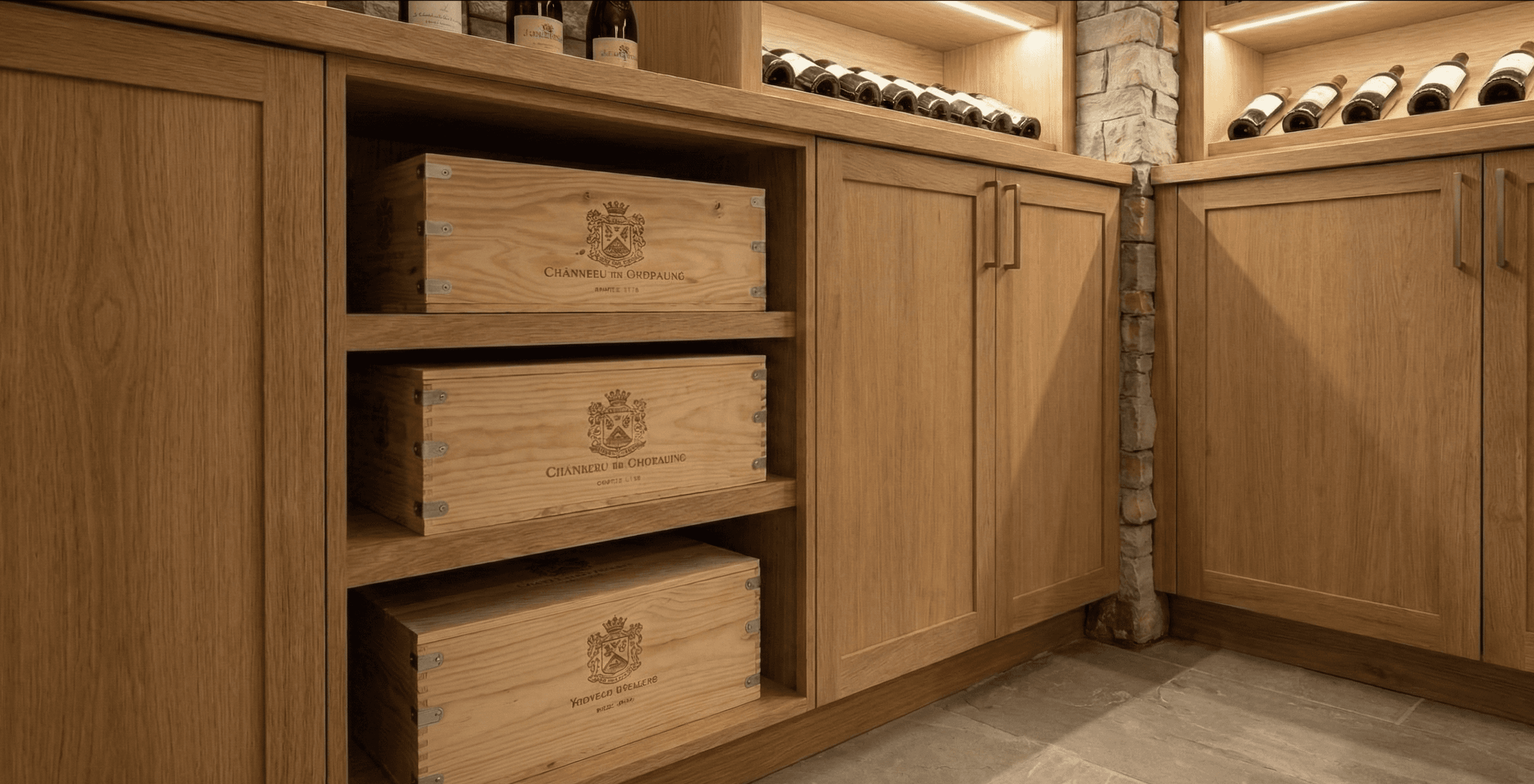 Close-up of oak base cabinets with integrated case storage shelves and under-shelf lighting in a stone wine cellar