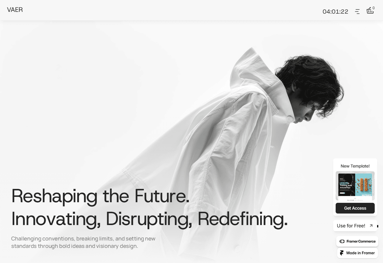 Vaer website homepage with black-and-white image of a person in flowing white fabric and headline "Reshaping the Future. Innovating, Disrupting, Redefining."