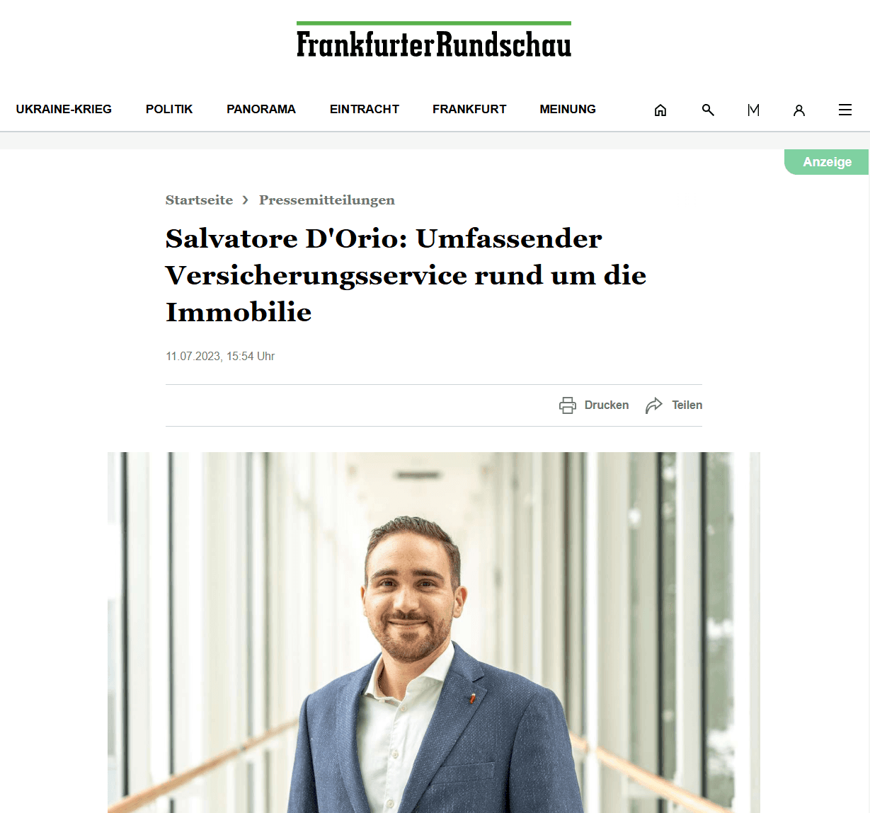 Screenshot eines Artikels mit Salvatore D´Orio aus der Frankfurter Rundschau