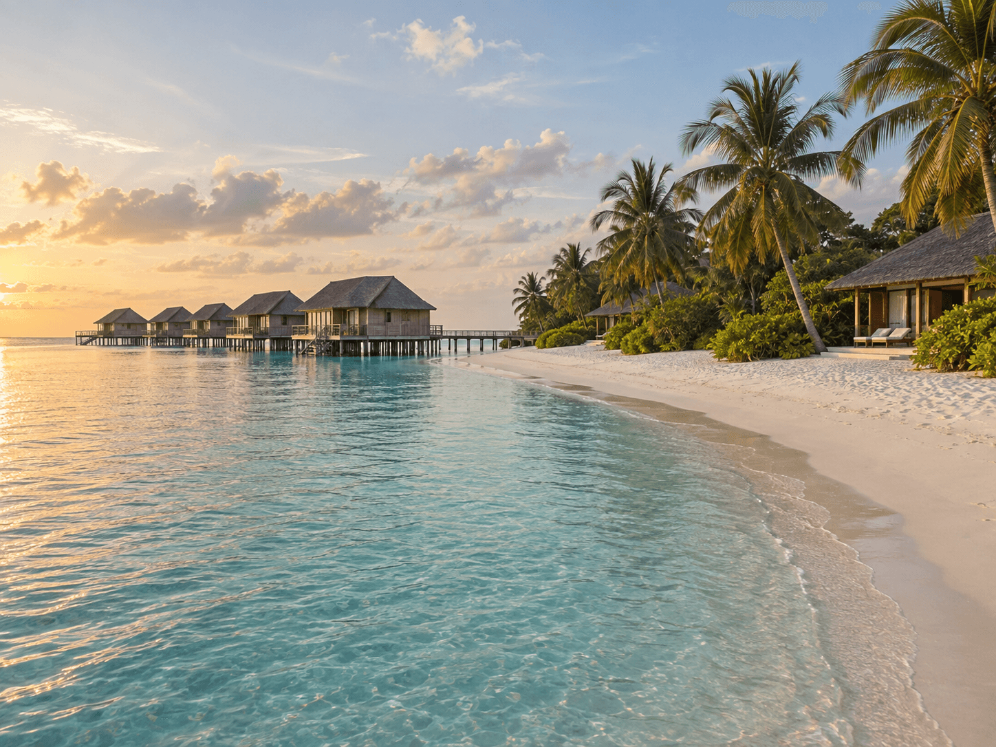 Overwater villas and a palm-lined beach at sunset