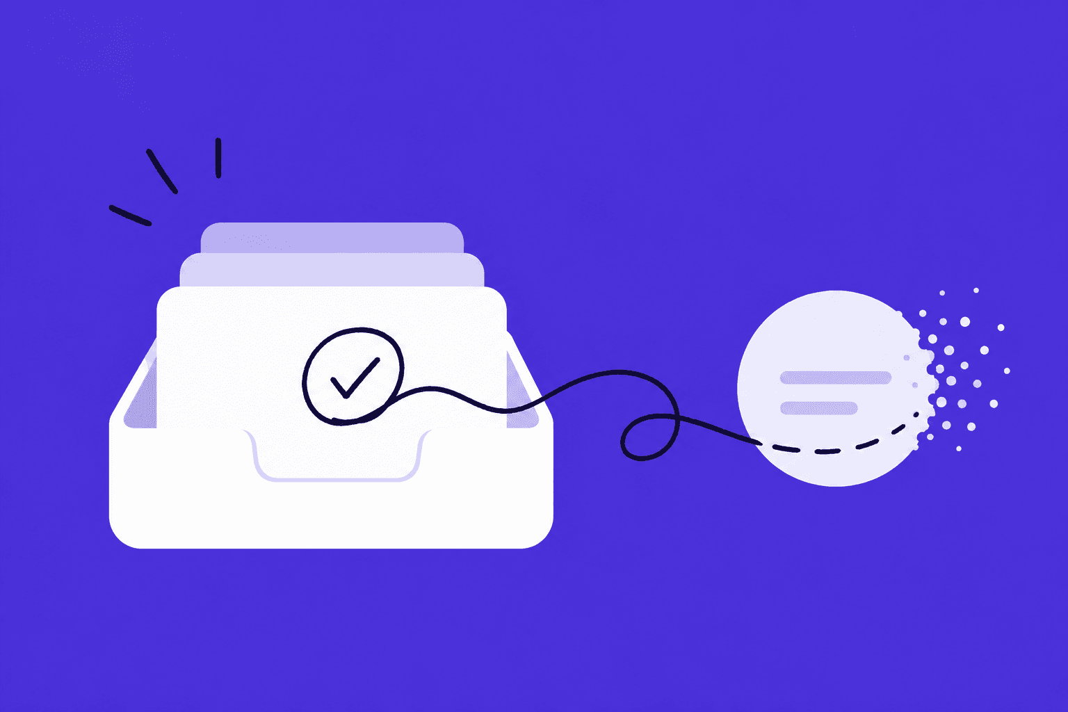 Illustration of a white inbox with stacked message cards and a hand-drawn checkmark, connected by a looping line to a fading circle on a purple background, symbolizing unresolved patient work disappearing after review.