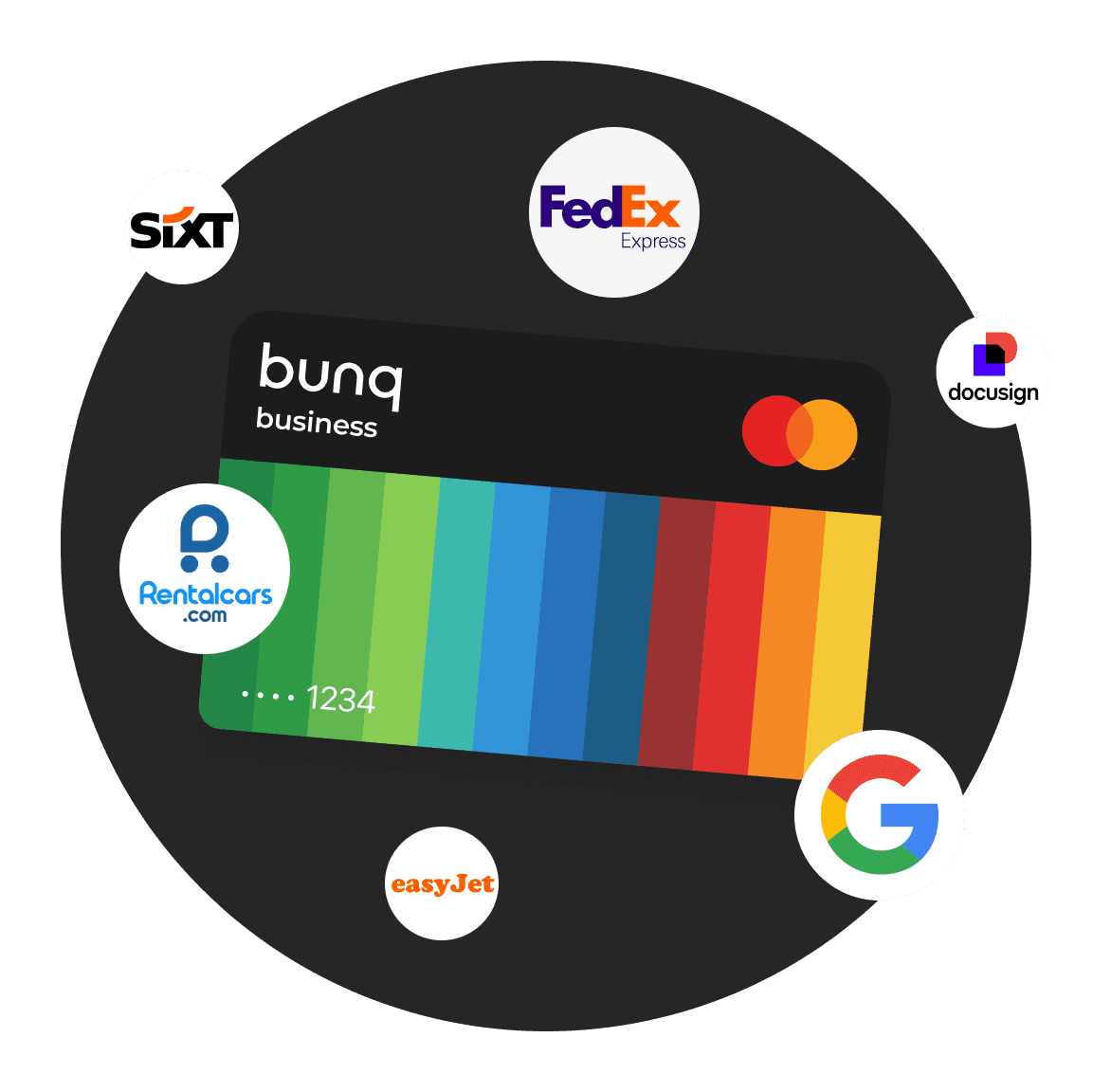A colorful debit card surrounded by logos of various companies, all on a dark circular background.