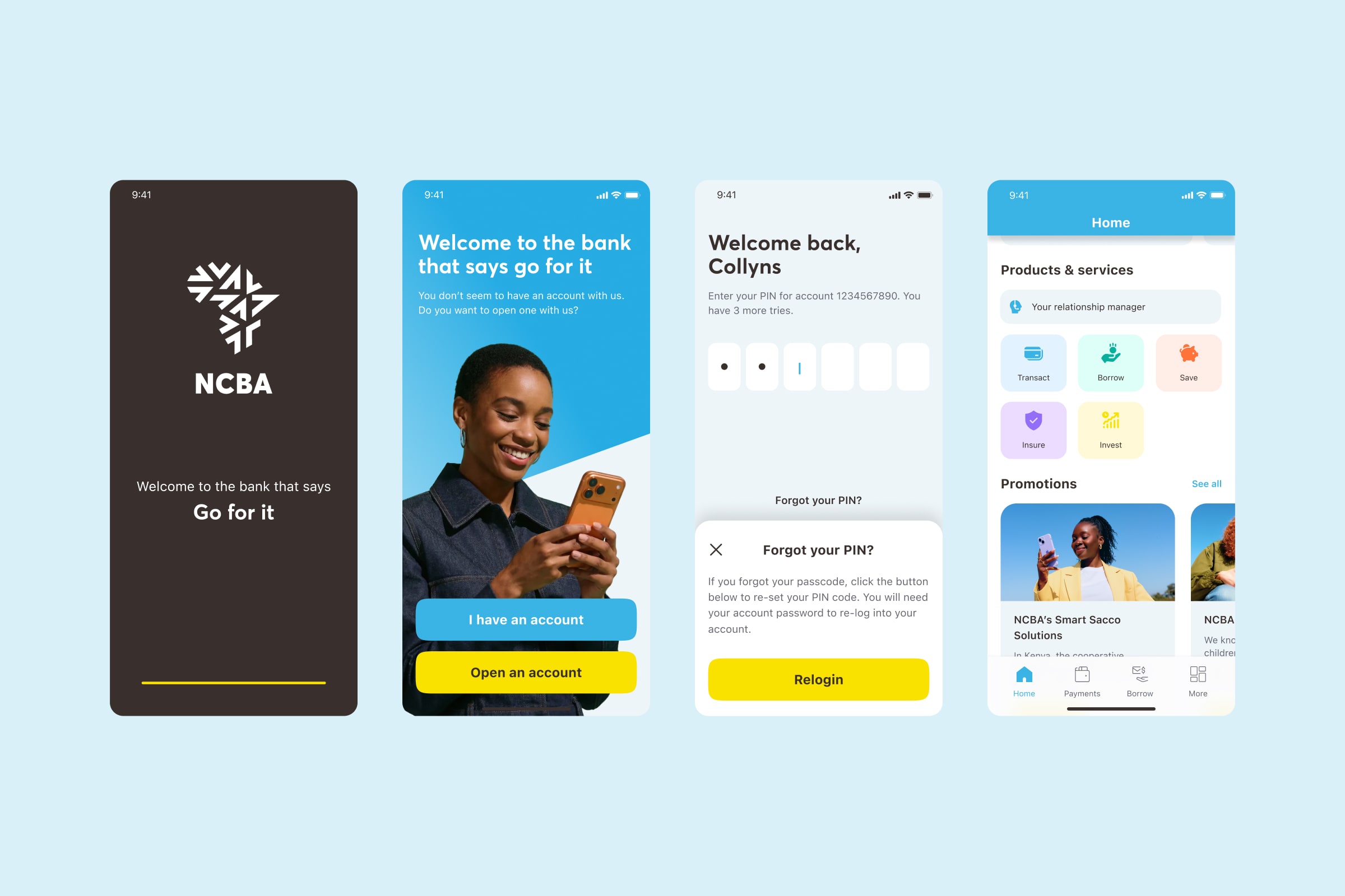 Four mobile screens showing the NCBA app's core sign-in journey: splash screen, new user welcome, PIN entry with forgot PIN modal, and the home screen with products and services.