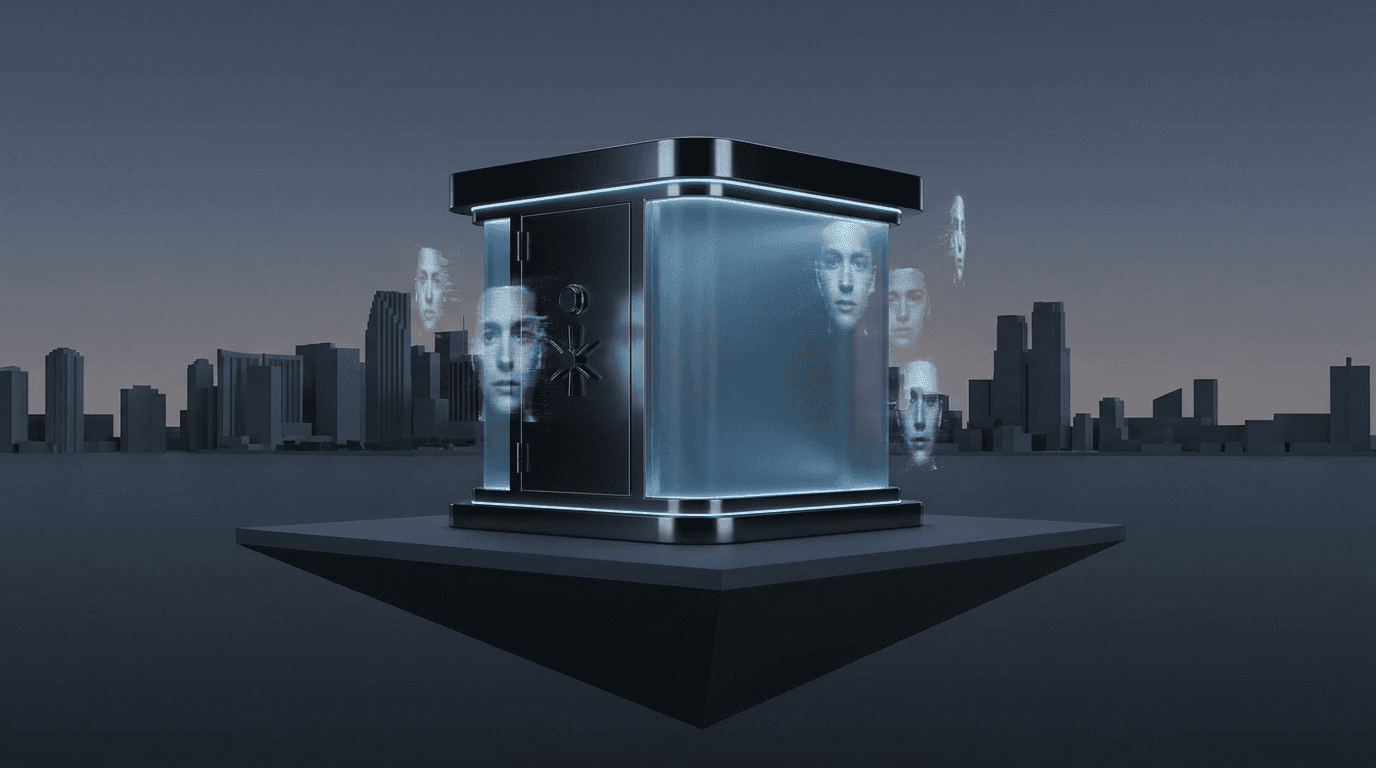 A futuristic cube, emitting a soft blue glow, floats above a platform. Faces are projected on its sides. A city skyline is silhouetted in the background.