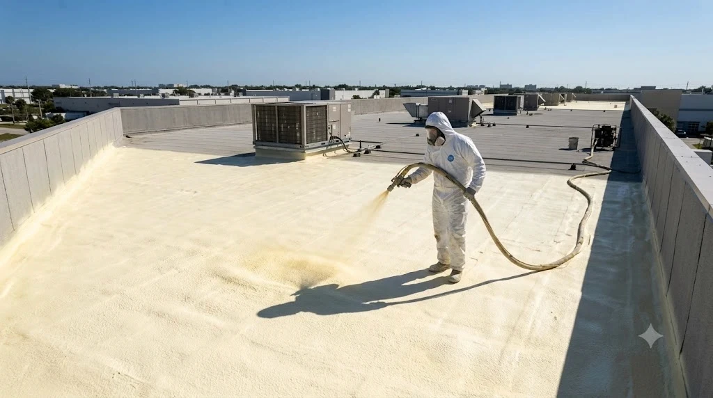 Applicator spraying polyurethane foam roofing over a flat commercial warehouse roof in South Florida