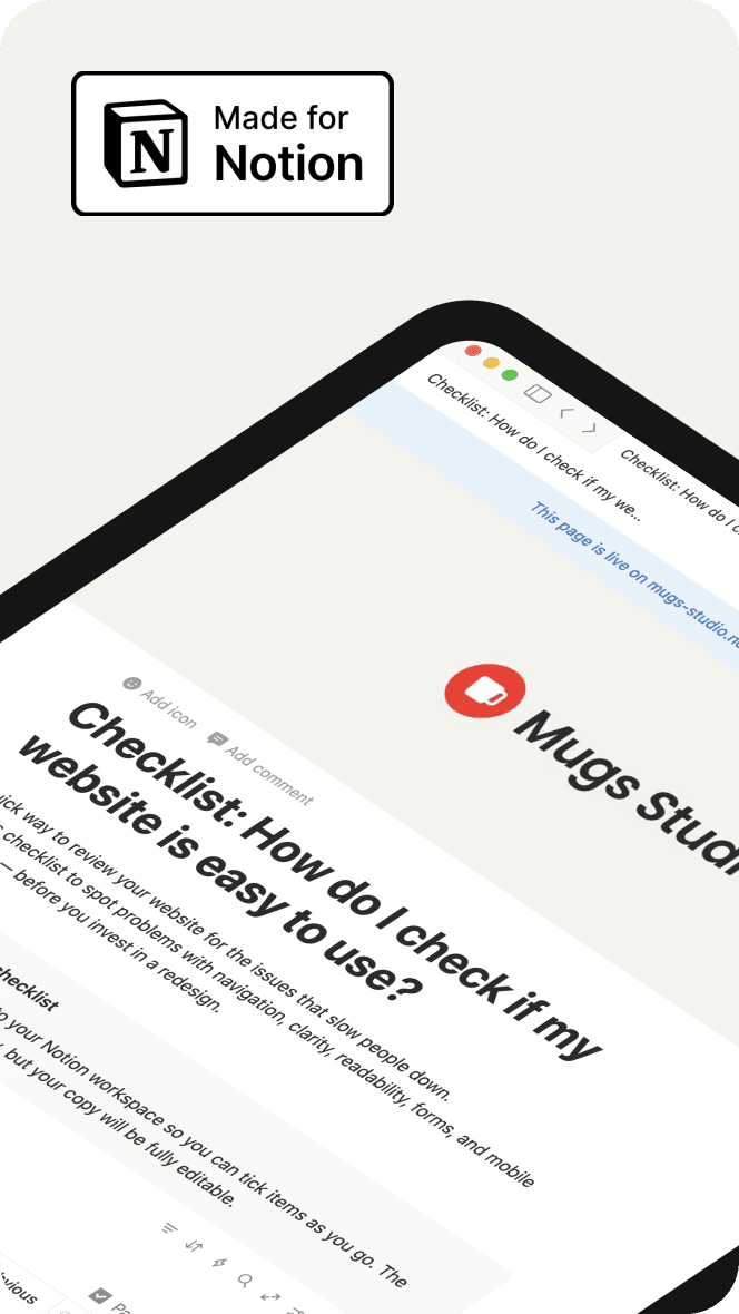 Notion checklist showing website usability checks for navigation, content clarity, accessibility and mobile.