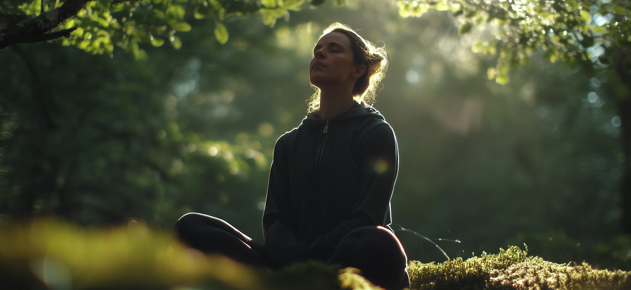 Person meditating in forest with sunlight