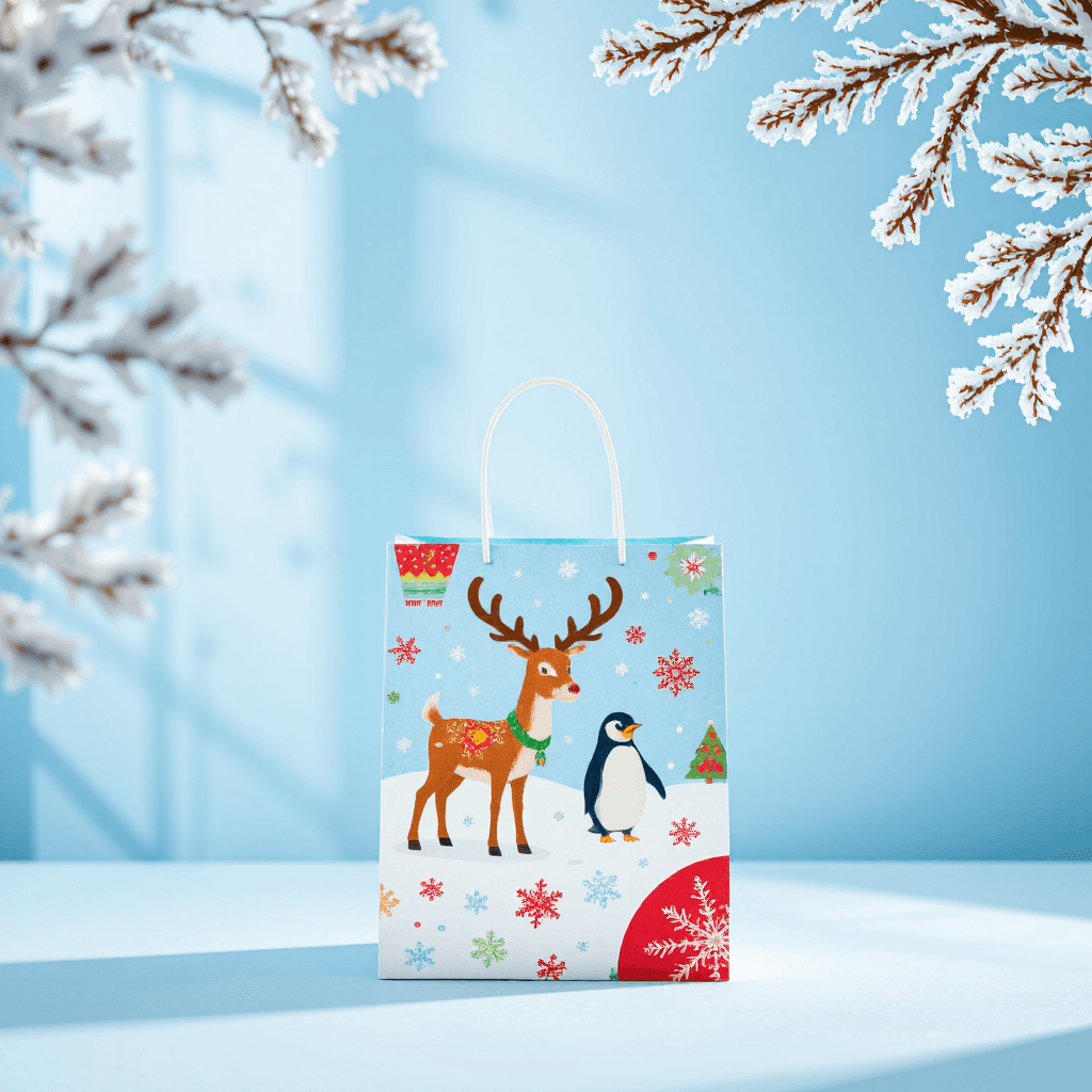 product photography of a decorative gift bag with a holiday theme