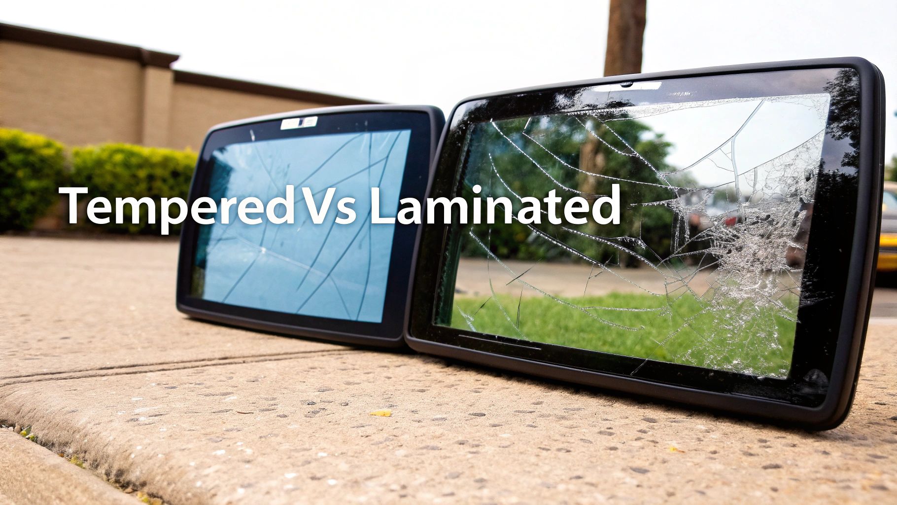 Two broken glass panels on concrete, illustrating tempered glass with large cracks and laminated glass shattered but intact.