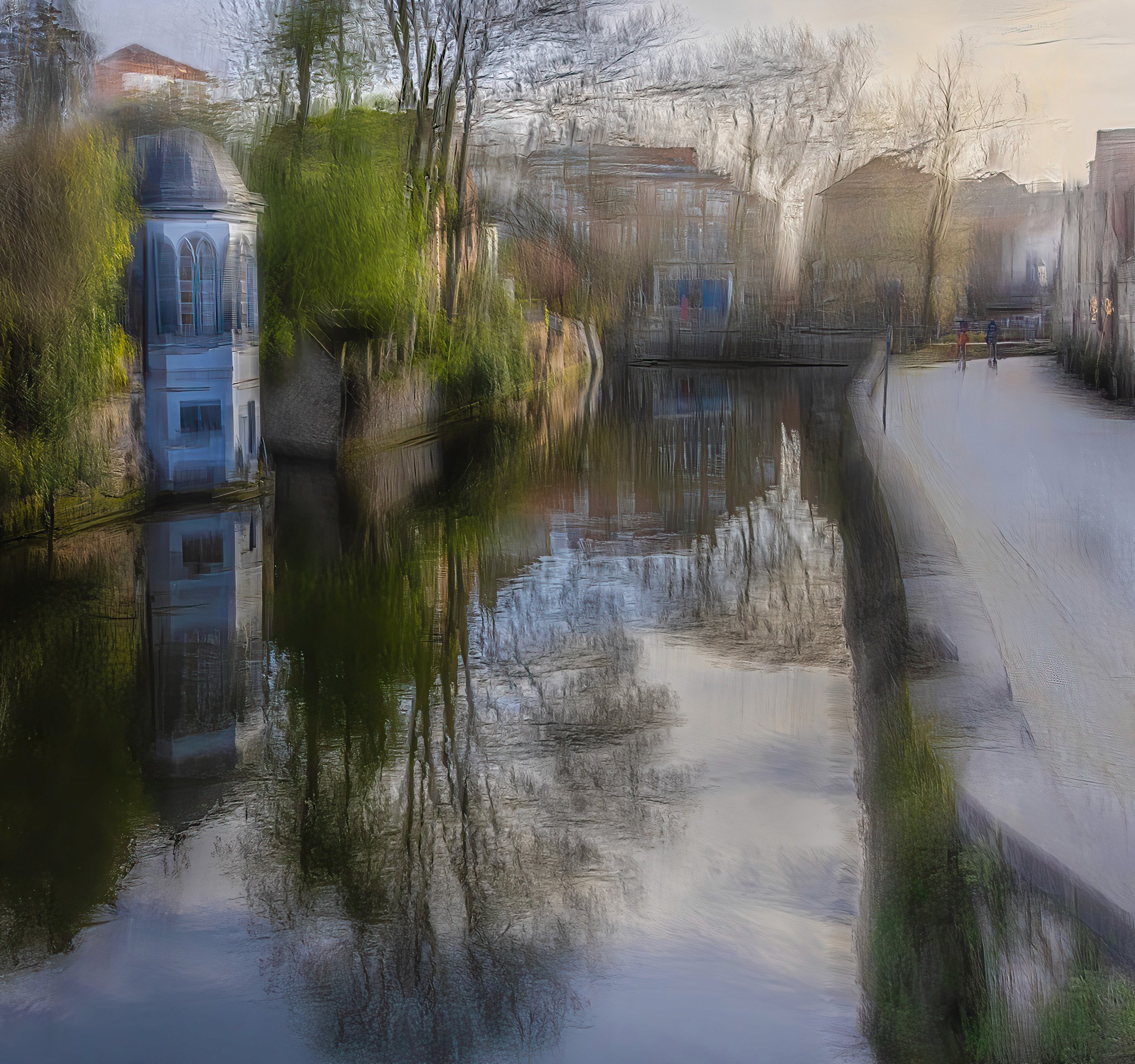 Early morning light settles over the quiet canals of Bruges. Reflections transform the water into a calm mirror of the surrounding architecture. A couple beginning their morning walk finds the city almost entirely to themselves, taking a moment to enjoy its rare stillness and peaceful atmosphere.