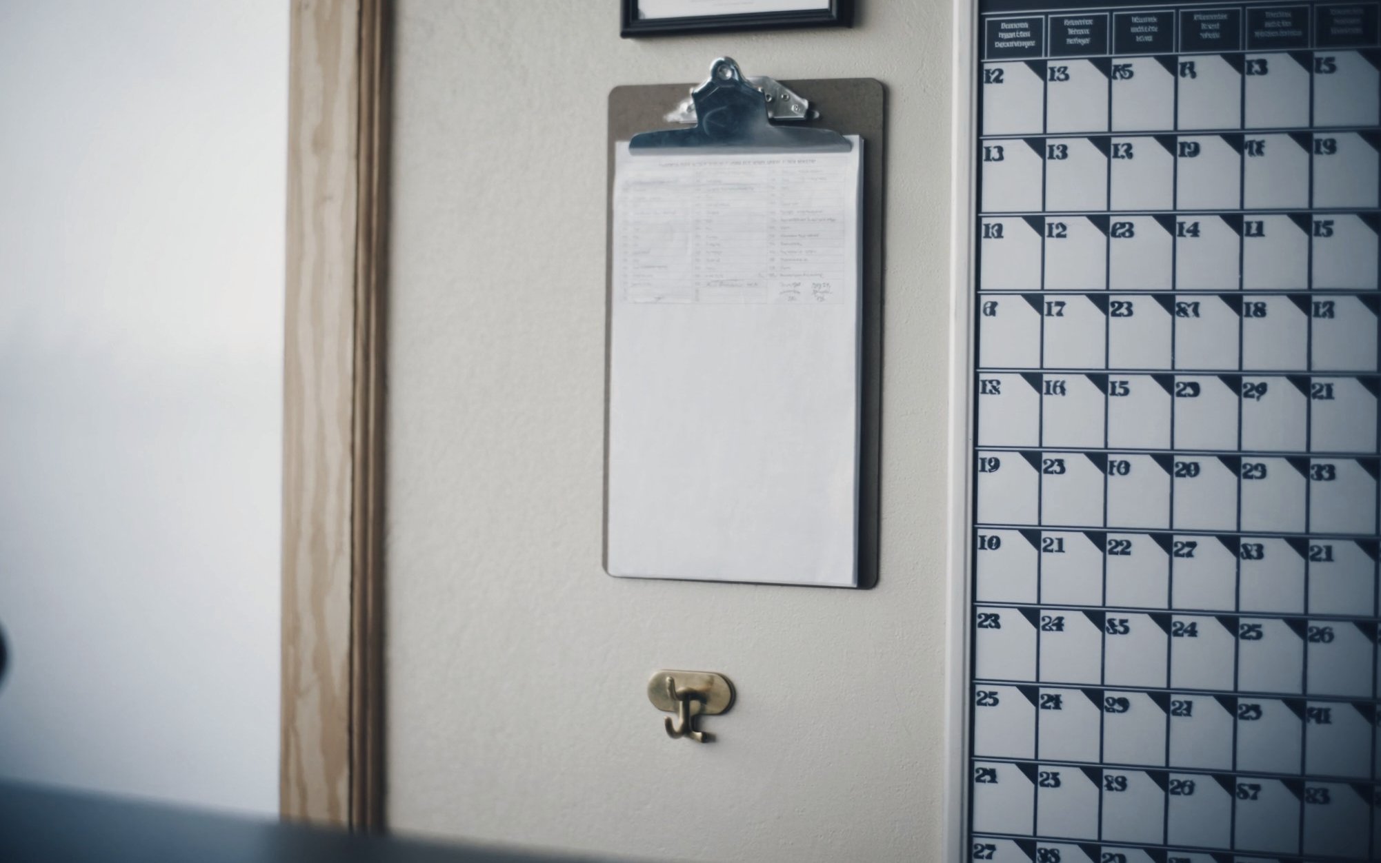 A clipboard and a renewal calendar on a restaurant back office wall
