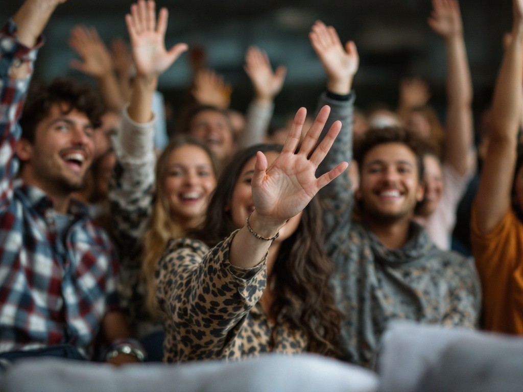A group of people raising their hands in excitement.