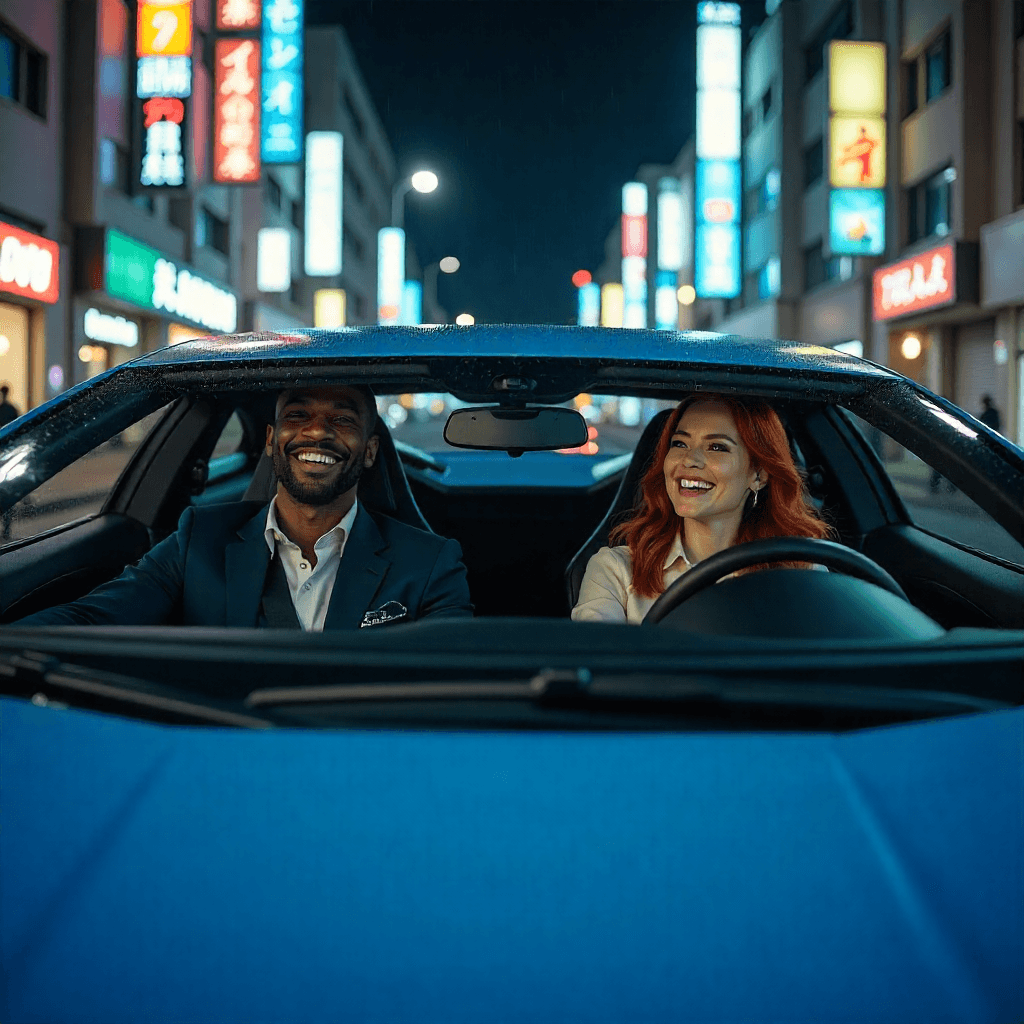 Two happy men driving a sportscar with a joyful expression, ideal for car rental adventure promotions.