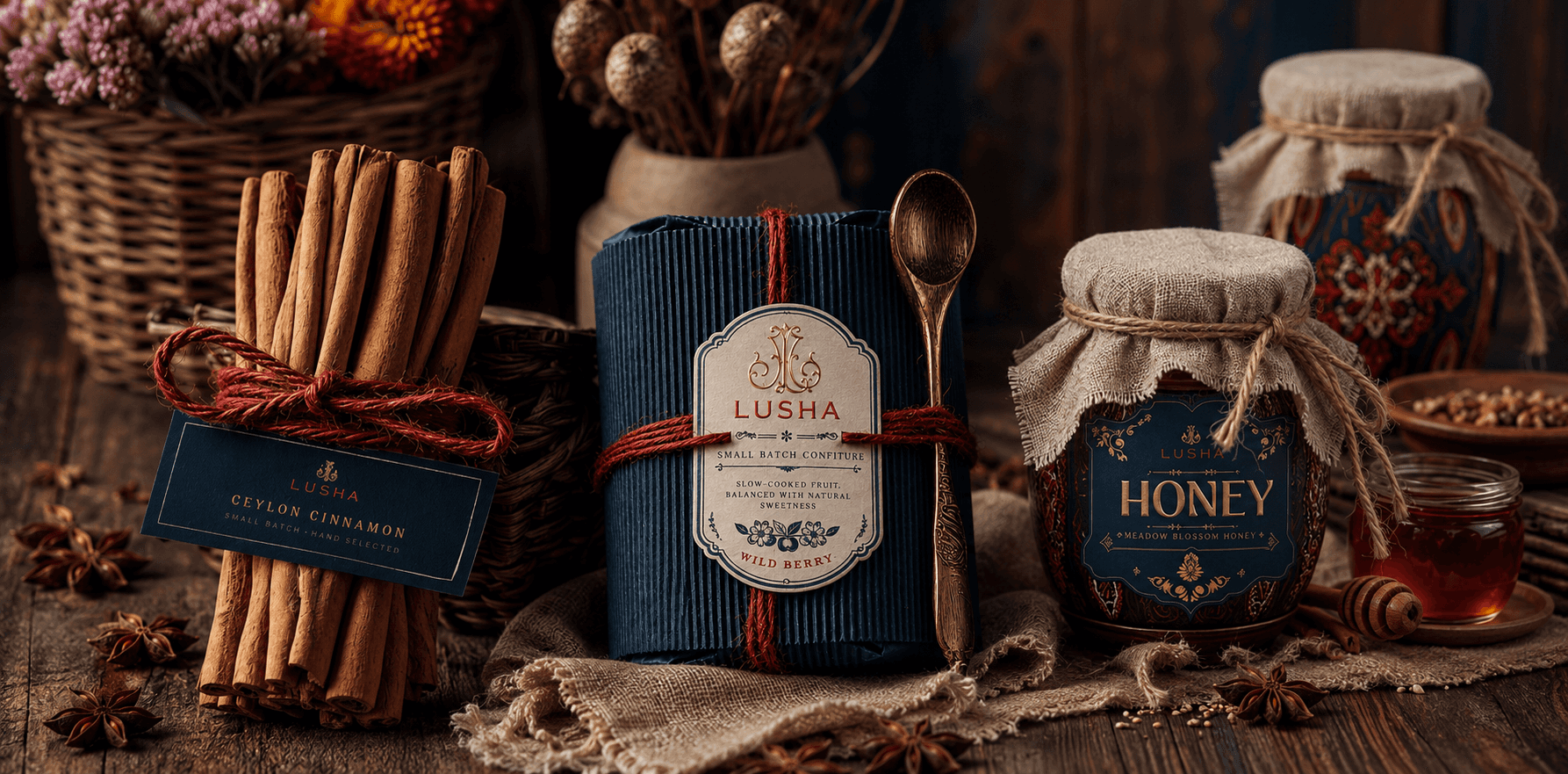 Lusha small-batch products — cinnamon, confiture and honey