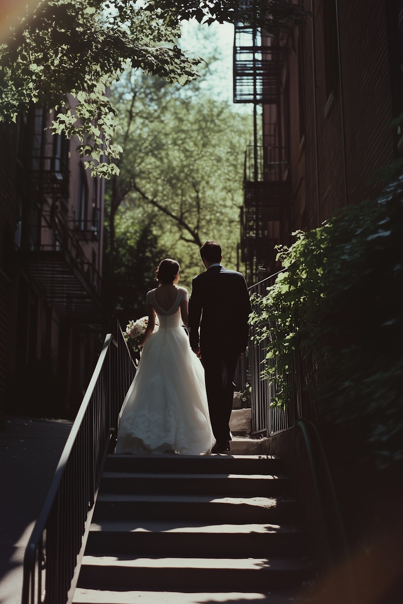 A couple in wedding attire walks up sunlit stairs, surrounded by greenery, creating a romantic and serene atmosphere.
