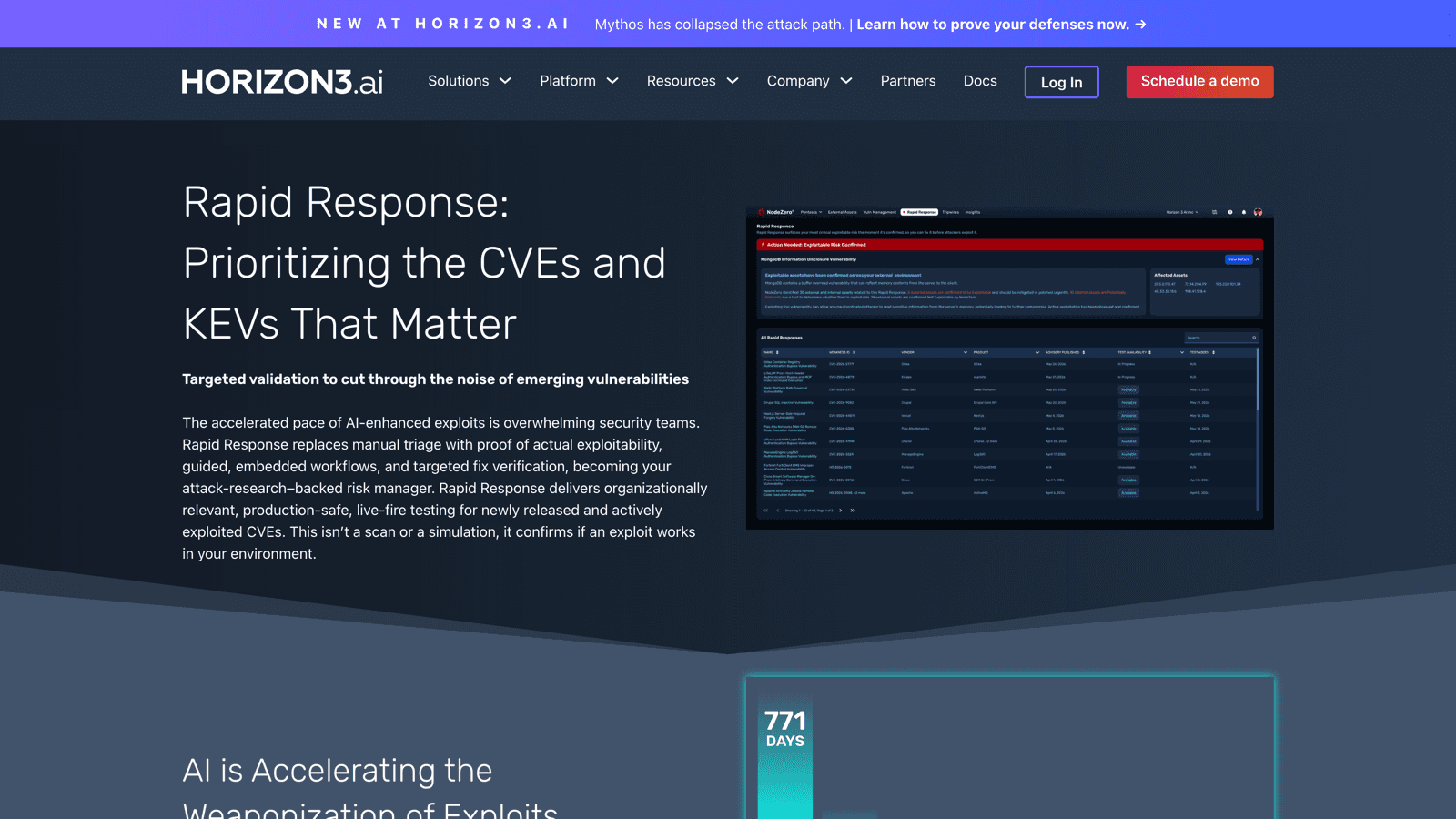 NodeZero Rapid Response view showing a production-safe exploit for a recently disclosed CVE with confirmed proof of exploitability