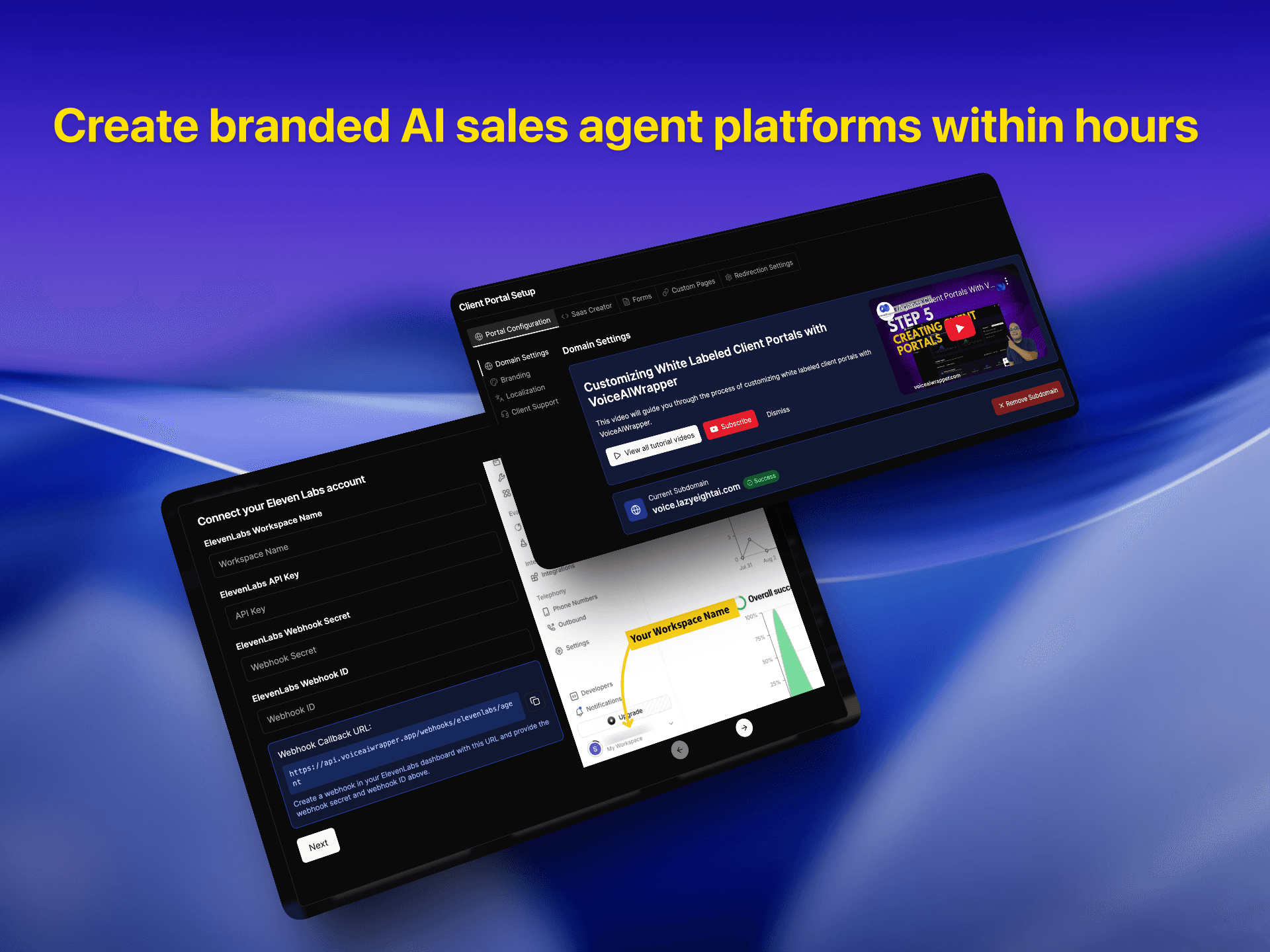 White labeled AI sales agent platform setup showing ElevenLabs integration, client portal customization, and domain configuration interface | VoiceAIWrapper