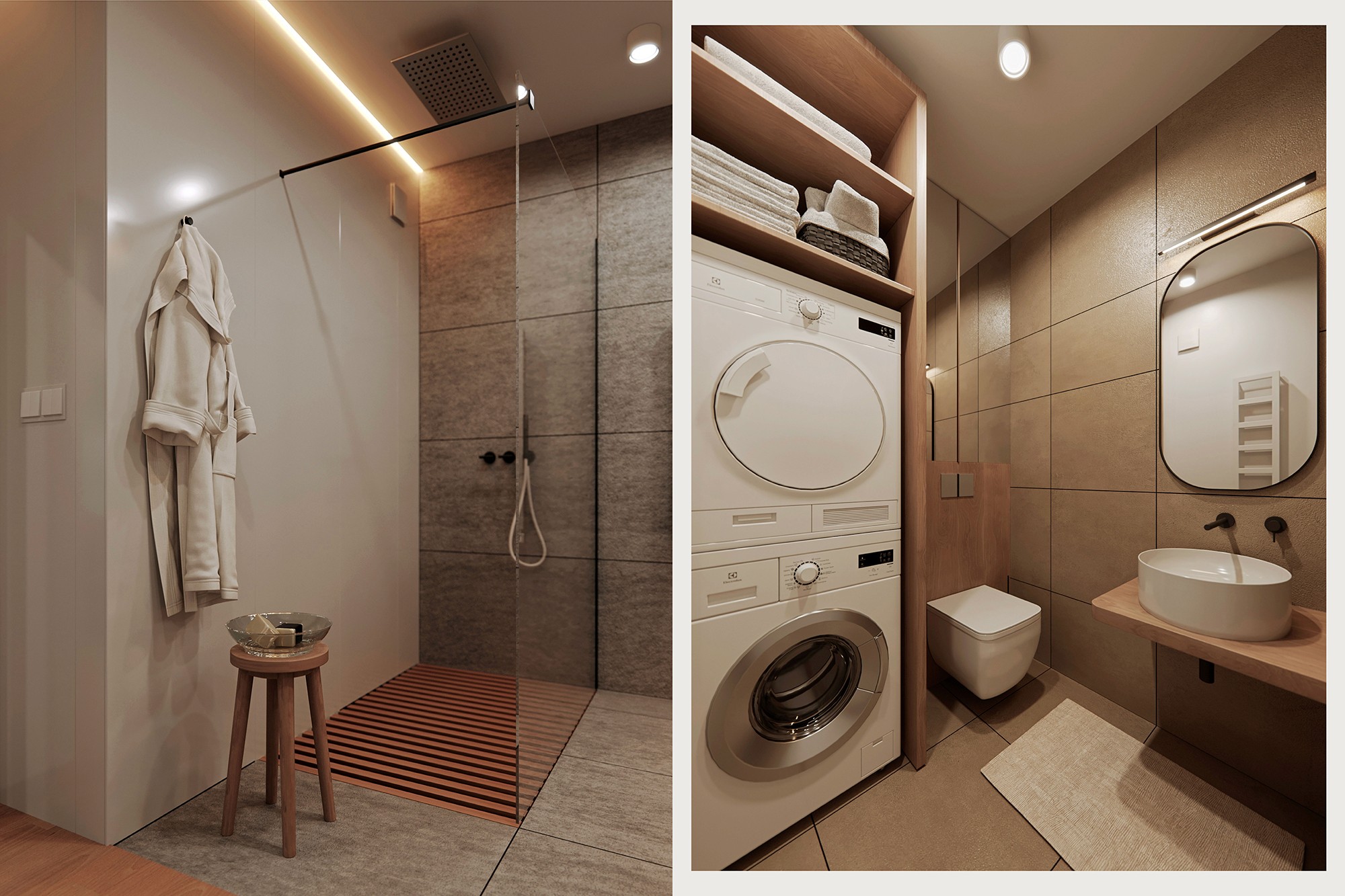 Modern bathroom interior with elegant stone surfaces and warm lighting