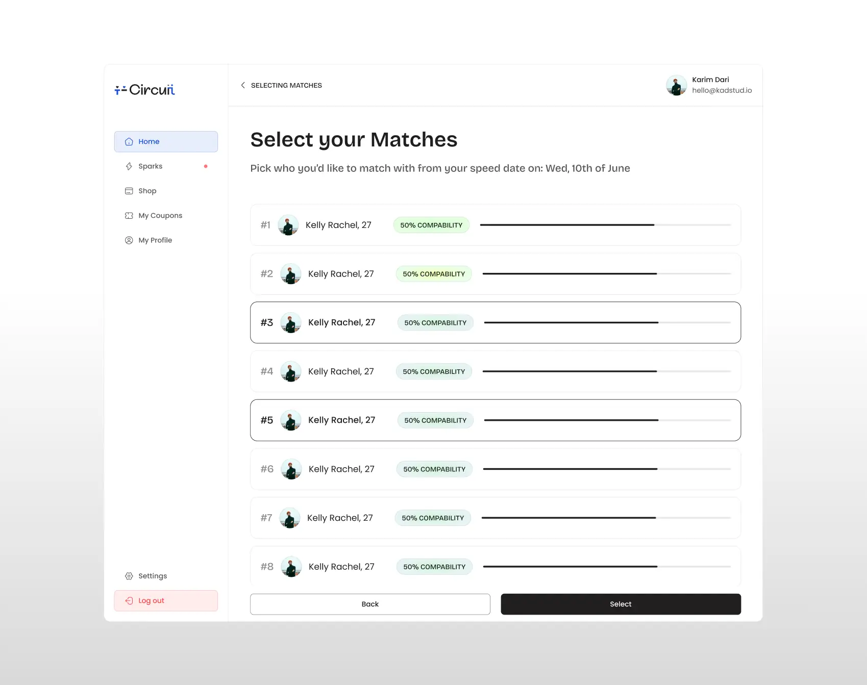 Desktop mockup showing the select your matches features in the web app.
