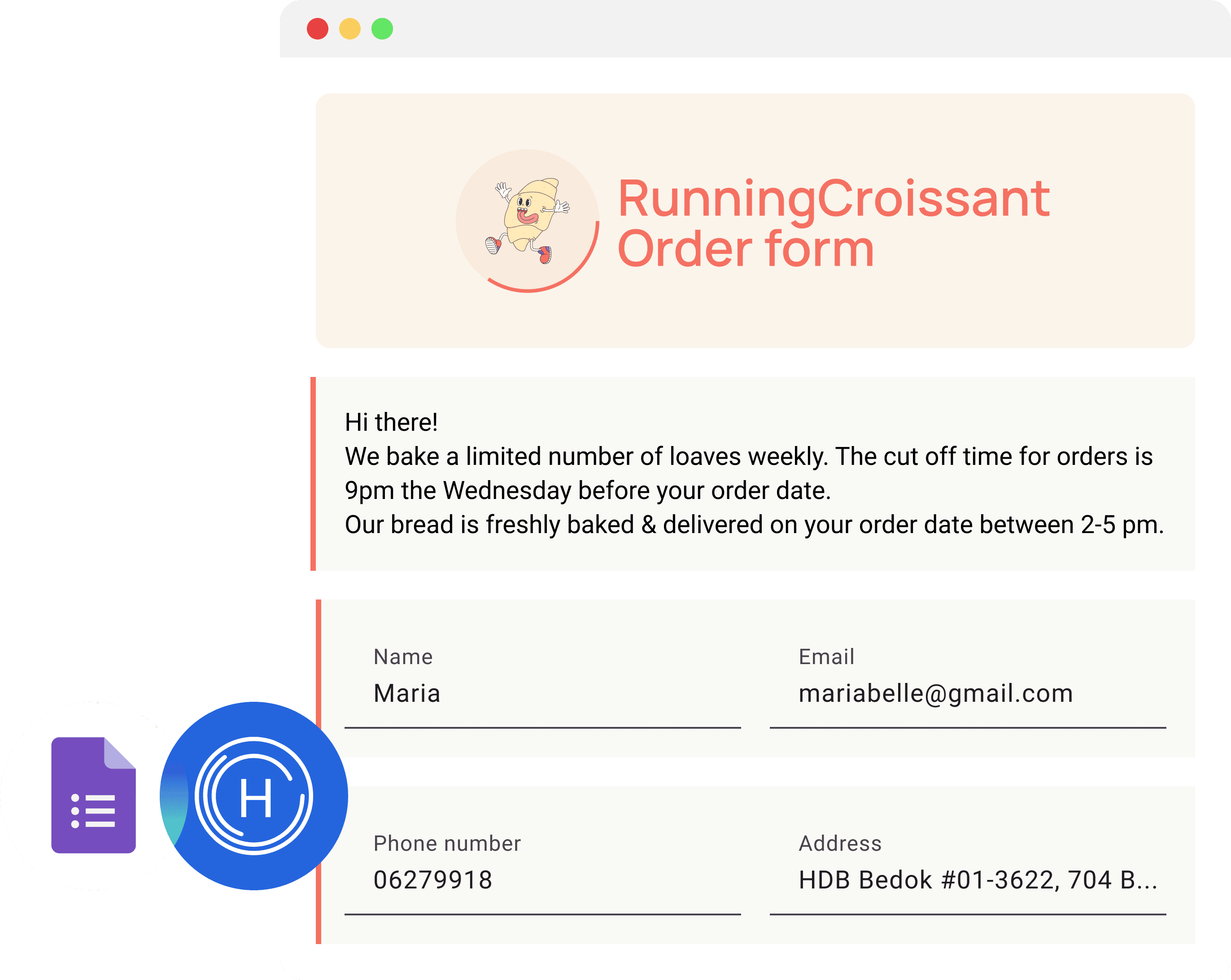RunningCroissant order form with person's details, Maria, email, phone, address.