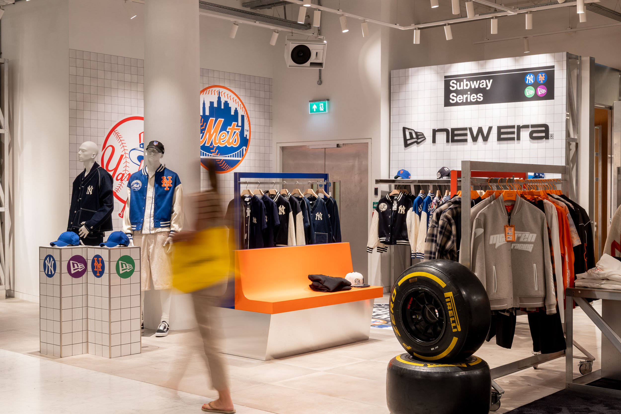 New Era MLB Subway Series pop-up activation at Selfridges featuring branded apparel displays, sports-inspired merchandising and experiential retail design
