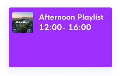 Thumbnail of a playlist titled "Afternoon Playlist," scheduled from 12:00 to 14:00, on a purple background.