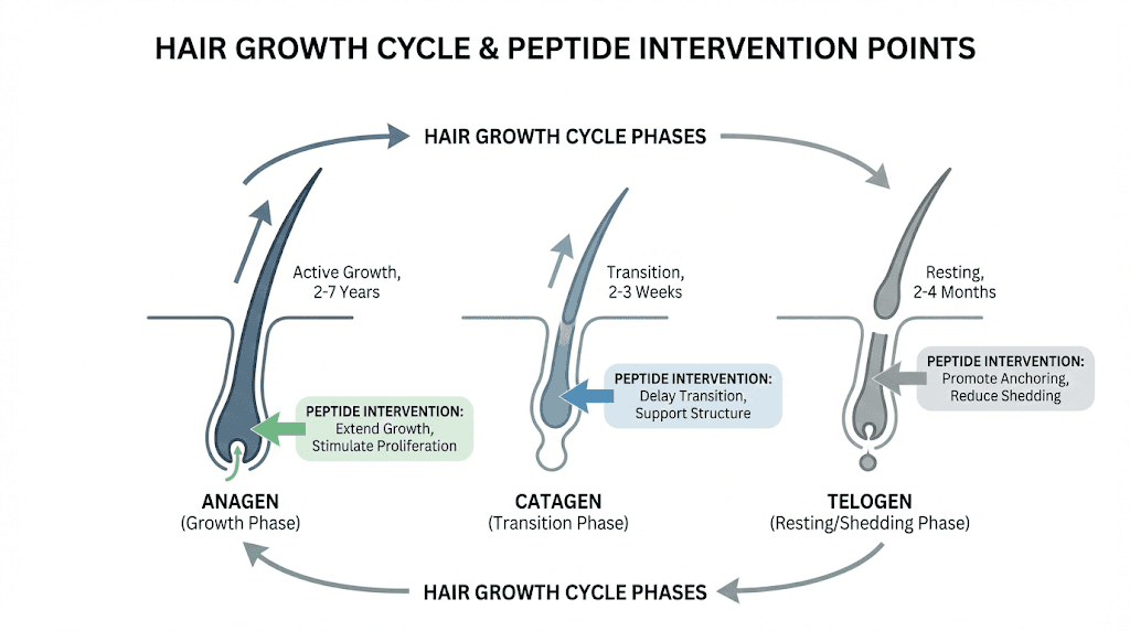 Hair growth cycle diagram showing anagen, catagen, and telogen phases with peptide effects