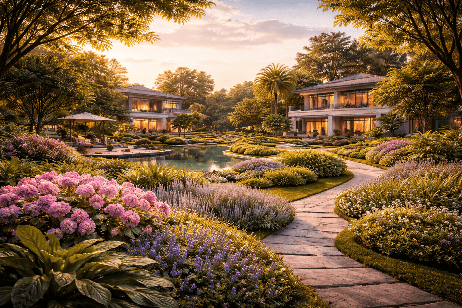 Landscaped park and garden spaces with residential homes in soft focus at Sector 36A Gurugram