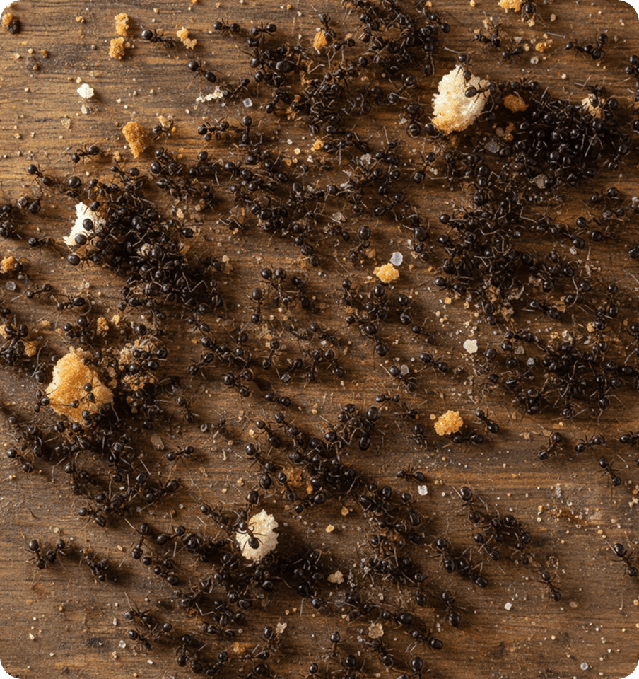 Ant colony and infestation visible before pest treatment