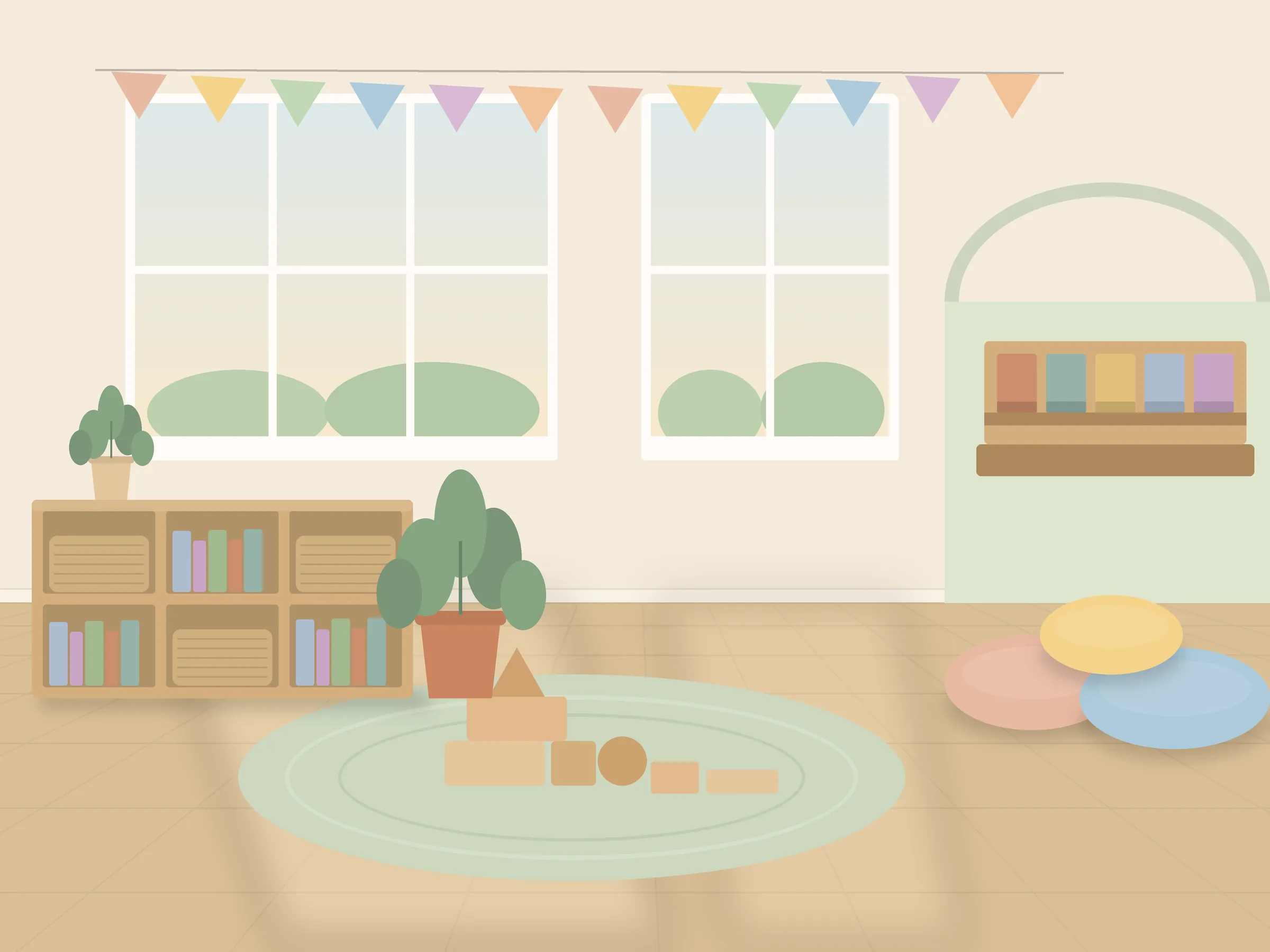 Bright preschool classroom with low shelves and a reading corner