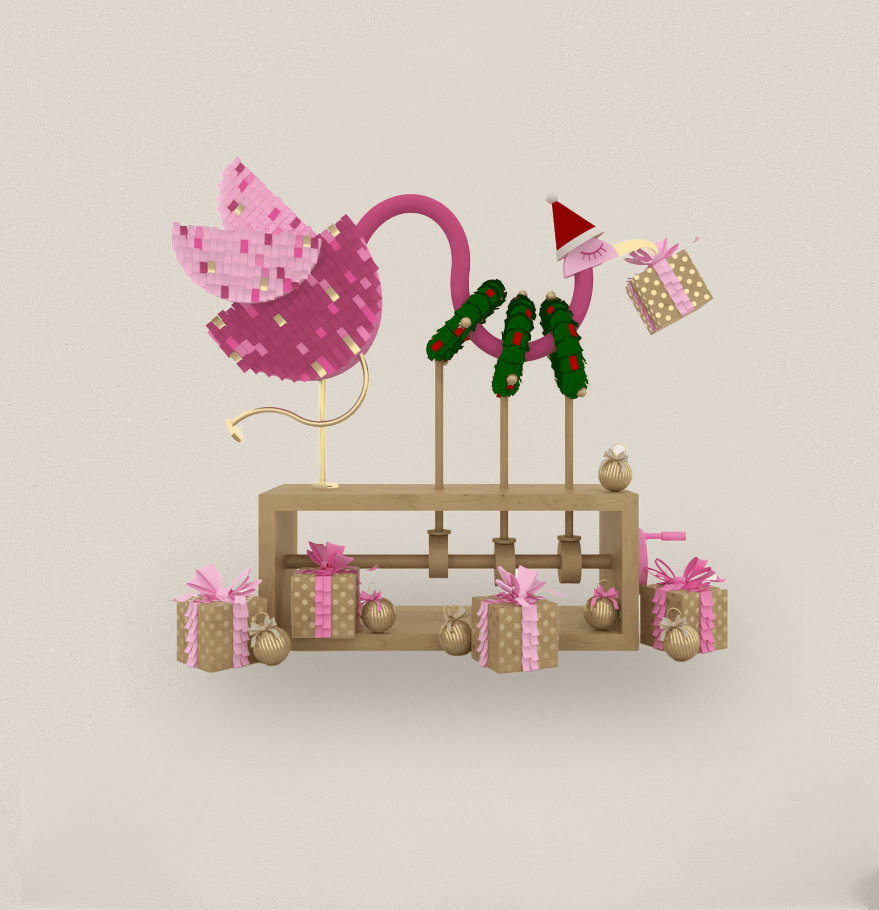 Studio 3D render of an animated wooden flamingo toy for the Hermès holiday scenography, featuring a pink fringed body, a Santa hat, and a mechanical crank system above a collection of gold-dotted gift boxes with pink ribbons, designed by WM Paris.