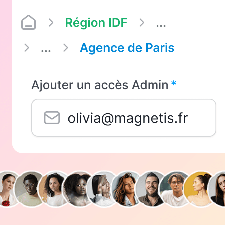 Interface d'administration Magnétis permettant de créer des accès utilisateurs et de gérer l'autonomie des comptes par région ou agence.