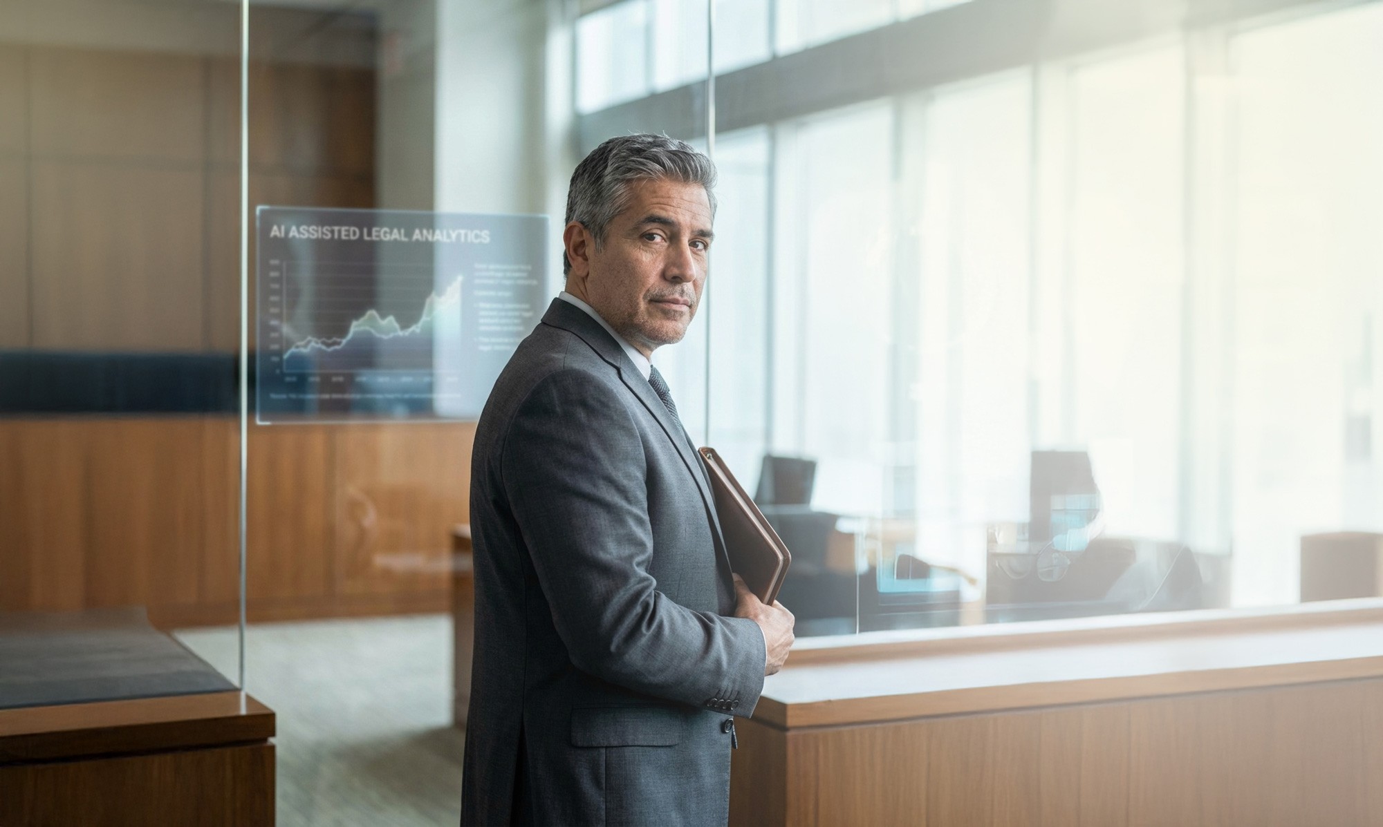 Older gentleman in a suit looking at viewer holding note folder