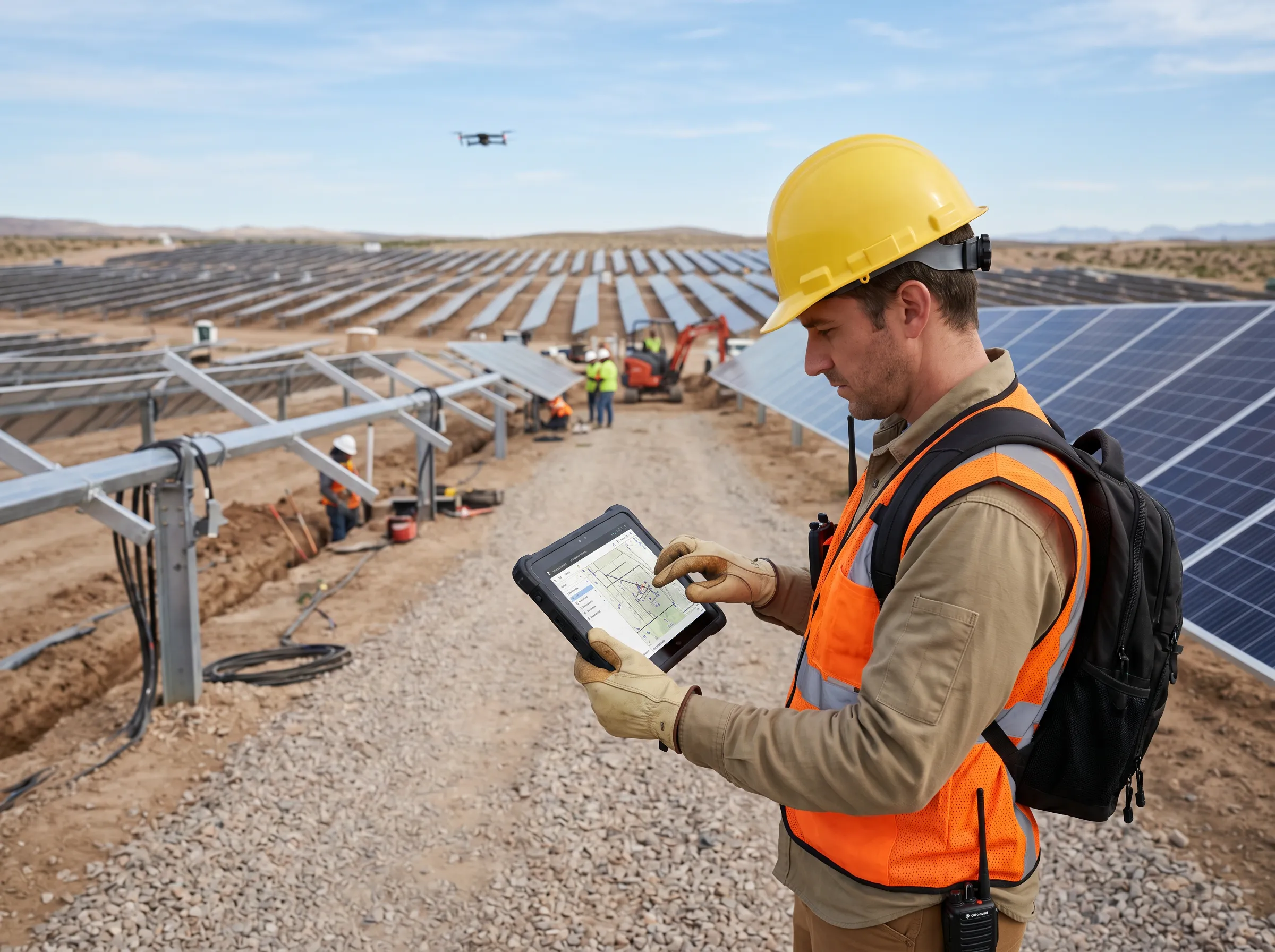 Two construction workers in safety vests and helmets stand at a solar farm, reviewing a tablet while heavy equipment operates in the background.