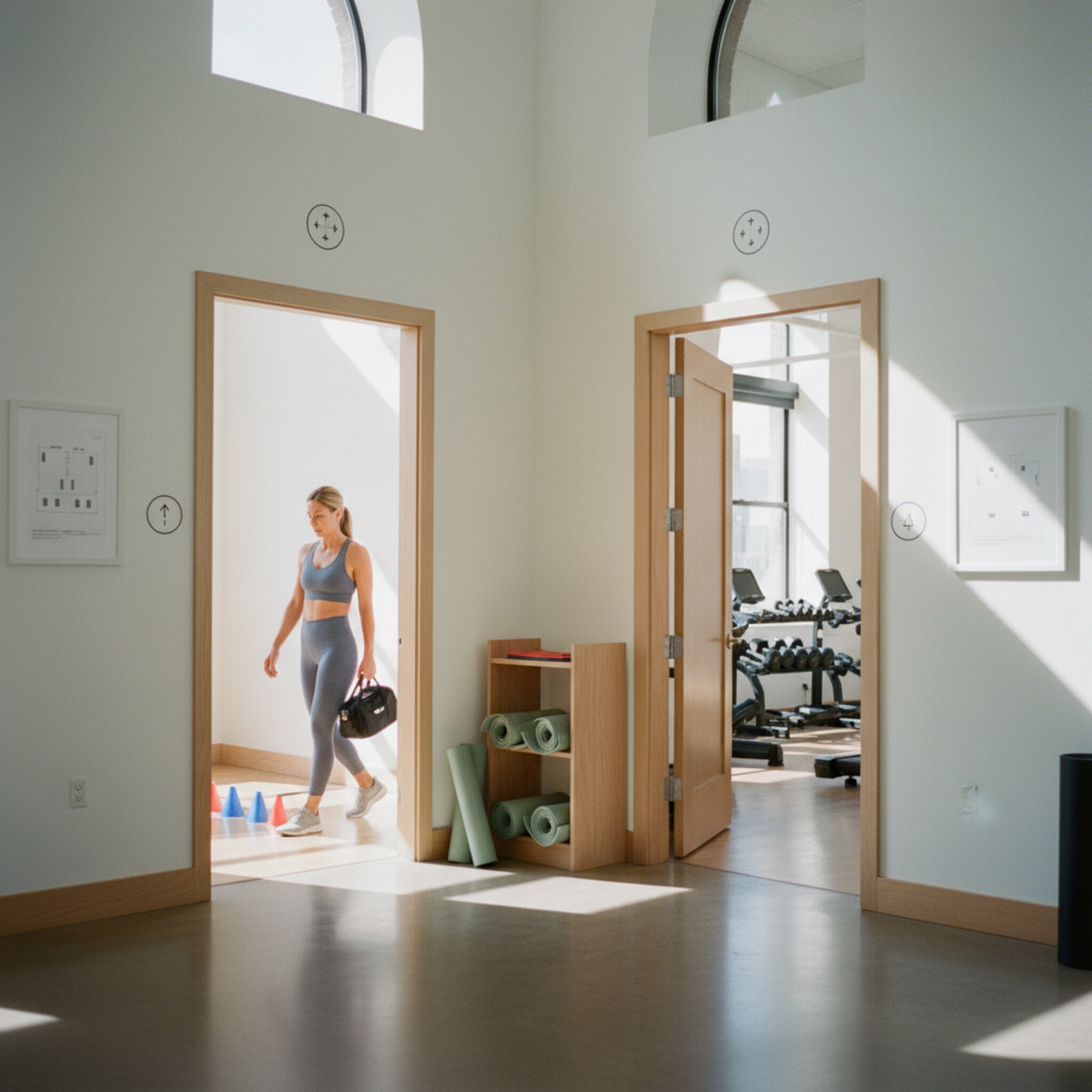 Ein lichtdurchfluteter Studioflur mit offenen Türen zu zwei Kursräumen. Eine Trainerin trägt eine Sporttasche und legt sorgfältig ein Set Markierungskegel und Matten in einen vorbereiteten Raum. An der Wand hängen schlichte Raumpläne. Die Szene wirkt ruhig, professionell und unkompliziert selbstorganisiert.
