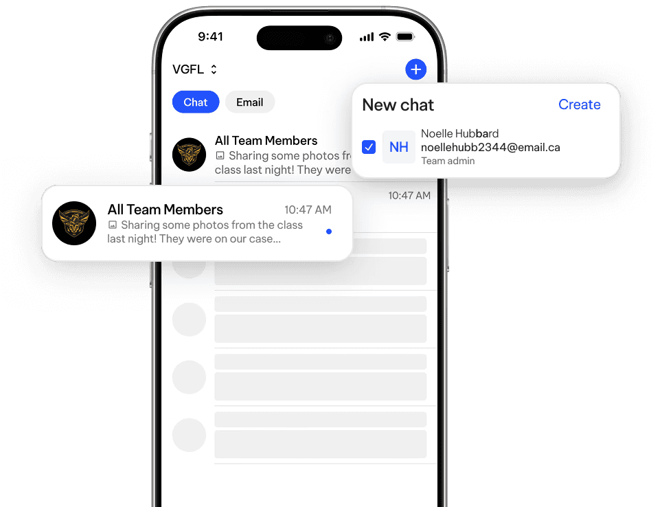 TeamLinkt HQ communication tools showing team messaging and announcements on a mobile device