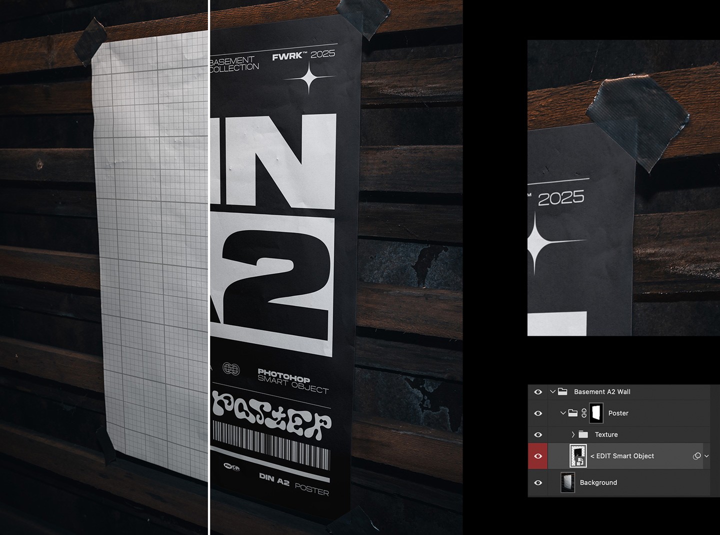 Basement A2 poster mockup Photoshop smart object editing and layered file preview