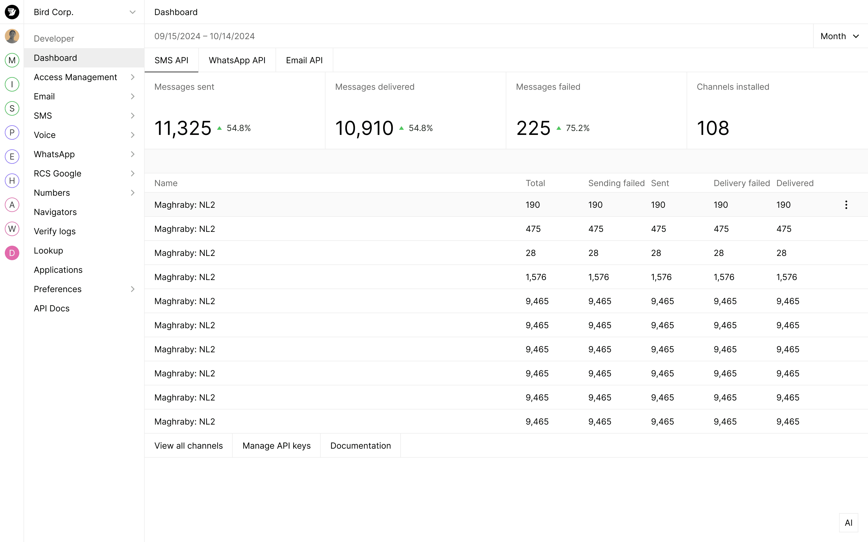 Developer dashboard displaying messaging API metrics and delivery statistics