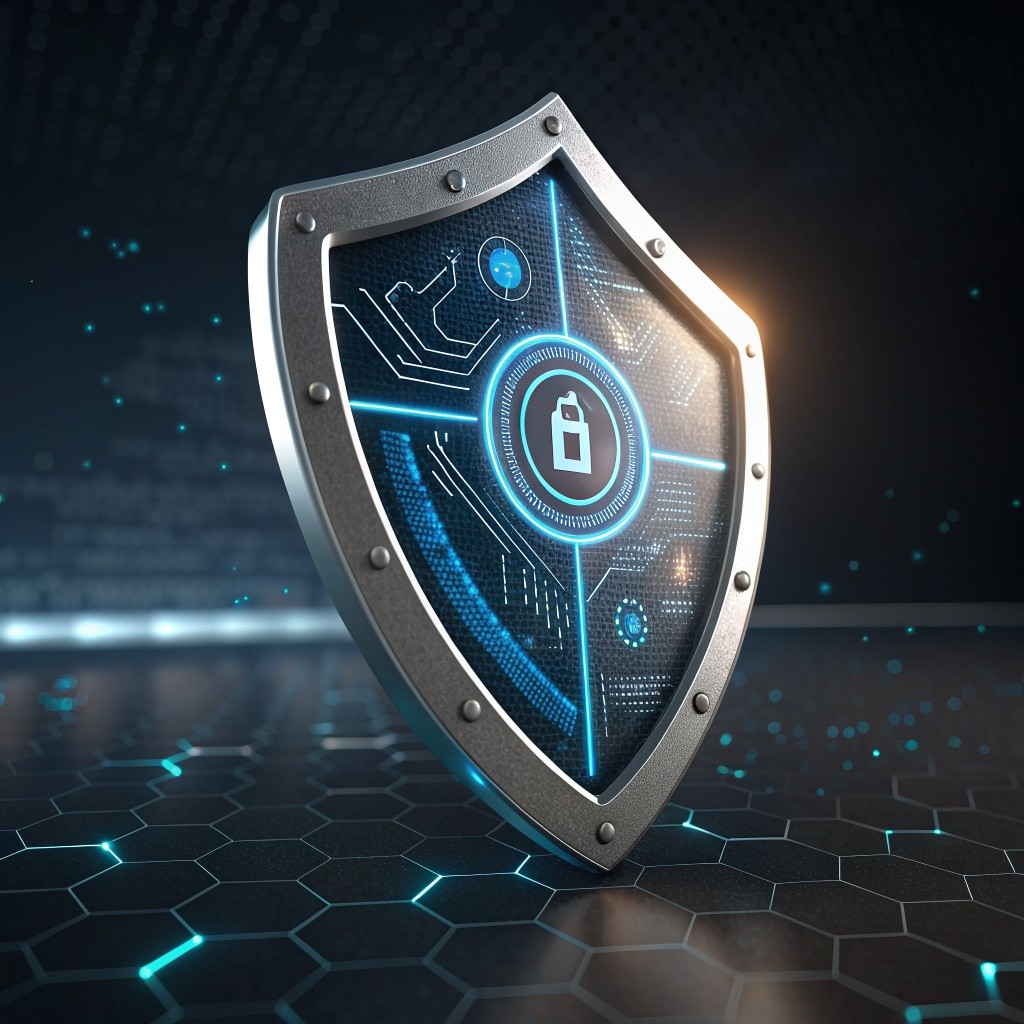 Chrome shield with holographic gauge, floating data particles, and depth of field. Professional studio render quality.