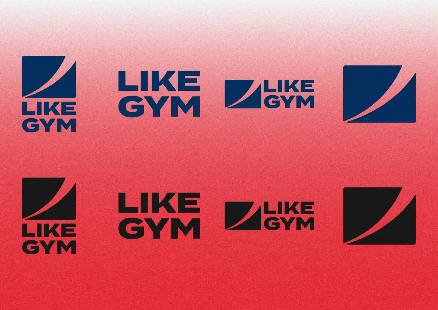 Like Gym logo variations in blue and black on white to red gradient background