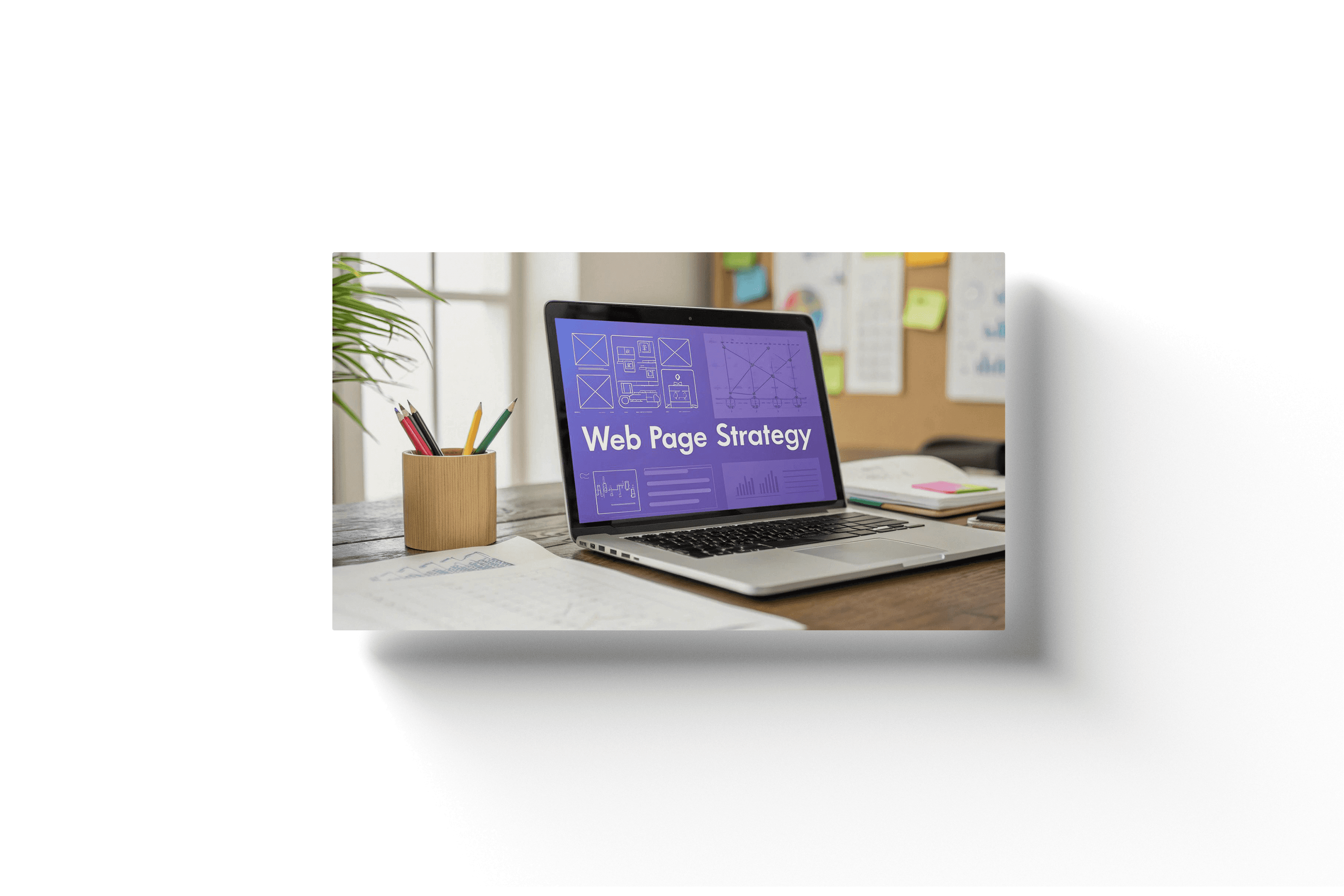 a purple laptop screen with the text 'web page strategy'