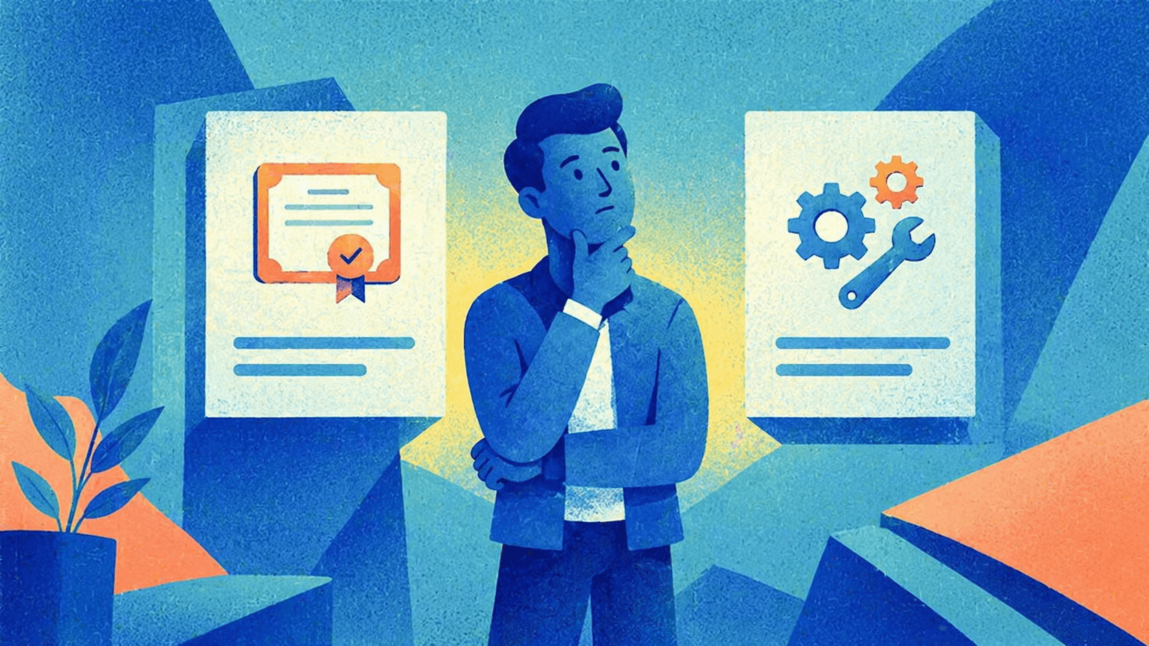 illustration of a man standing, thoughtfully choosing between two career options, represented by floating panels